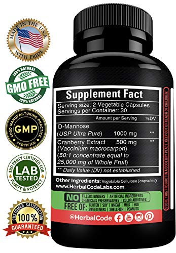 Foto 3 pulgar | Suplemento De D-manosa Hcl Herbal Code Labs Con Arándano 1500 Mg - Venta Internacional.