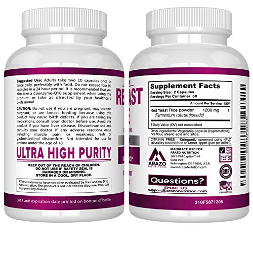 Foto 4 pulgar | Suplemento Arazo Nutrition: Extracto de Arroz de Levadura Roja 1200 mg 120 - Venta Internacional