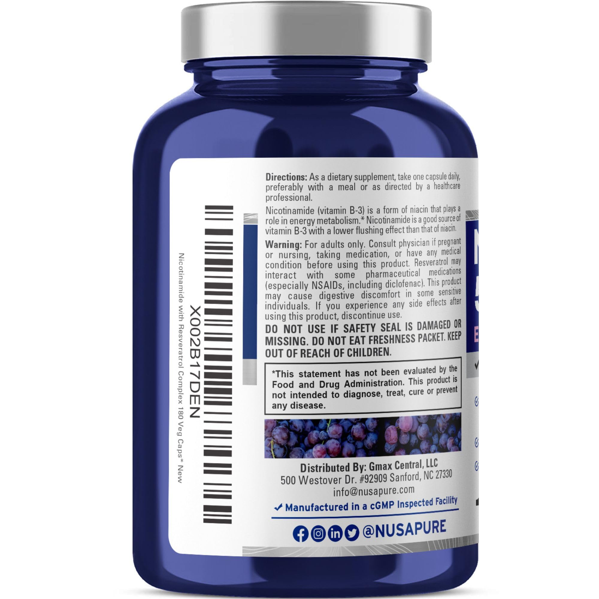Foto 5 pulgar | Suplemento de Nicotinamida Nusapure con Resveratrol 500 mg 180 Cápsulas - Venta Internacional