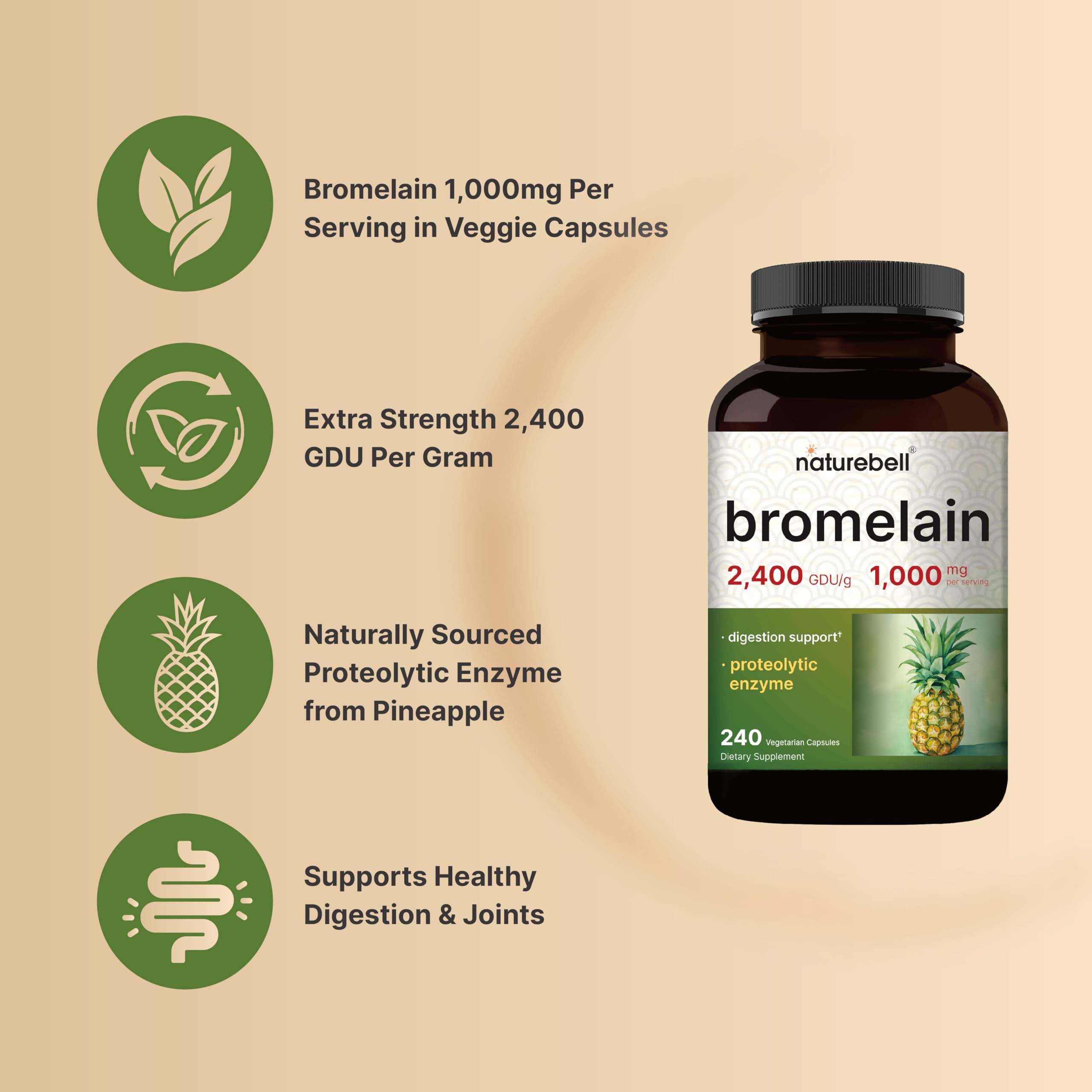 Foto 4 pulgar | Suplemento Naturebell de Bromelina 1000 mg 240 Cápsulas Vegetarianas - Venta Internacional