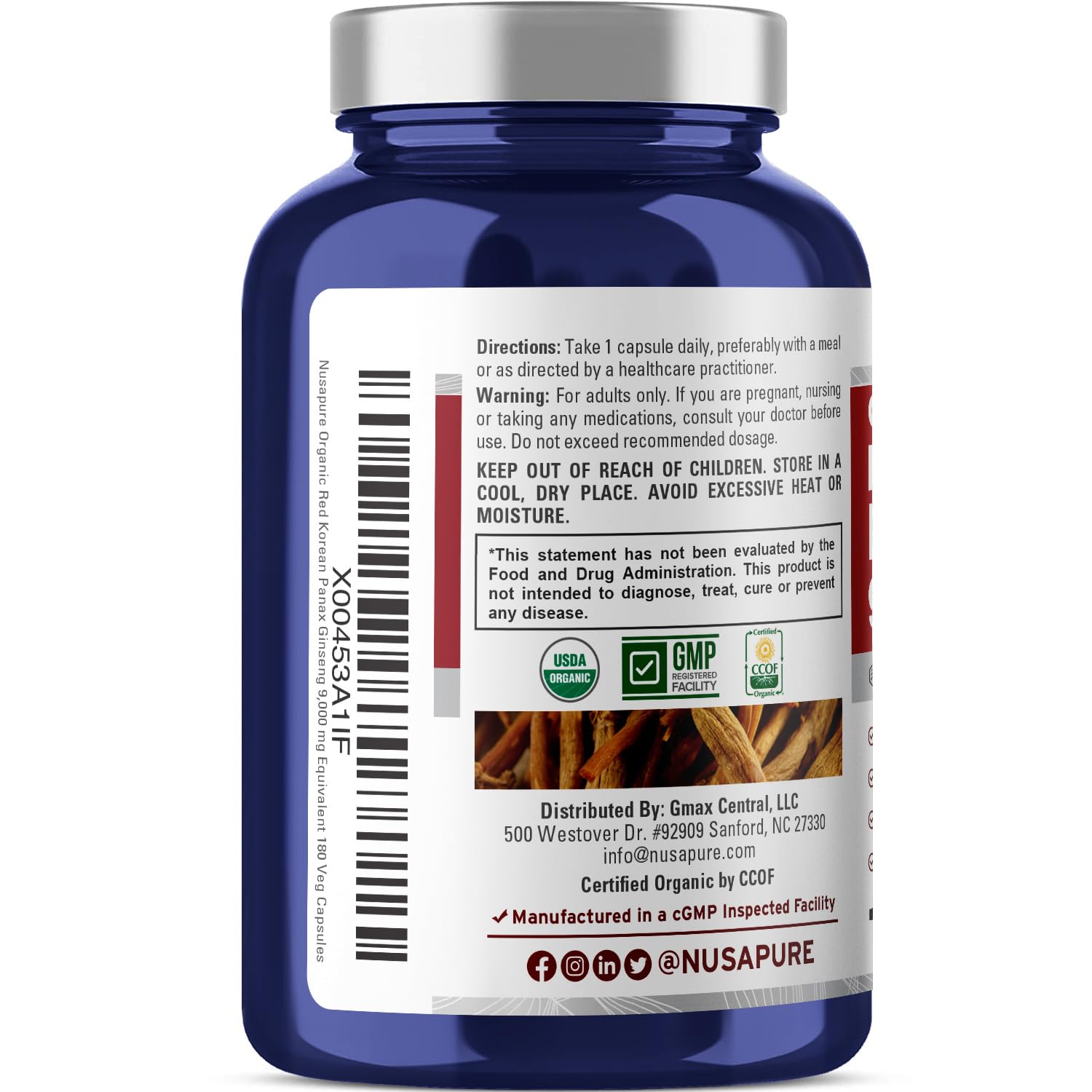 Foto 4 pulgar | Suplemento Nusapure Red Korean Panax Ginseng 9000 mg 180 Cápsulas - Venta Internacional