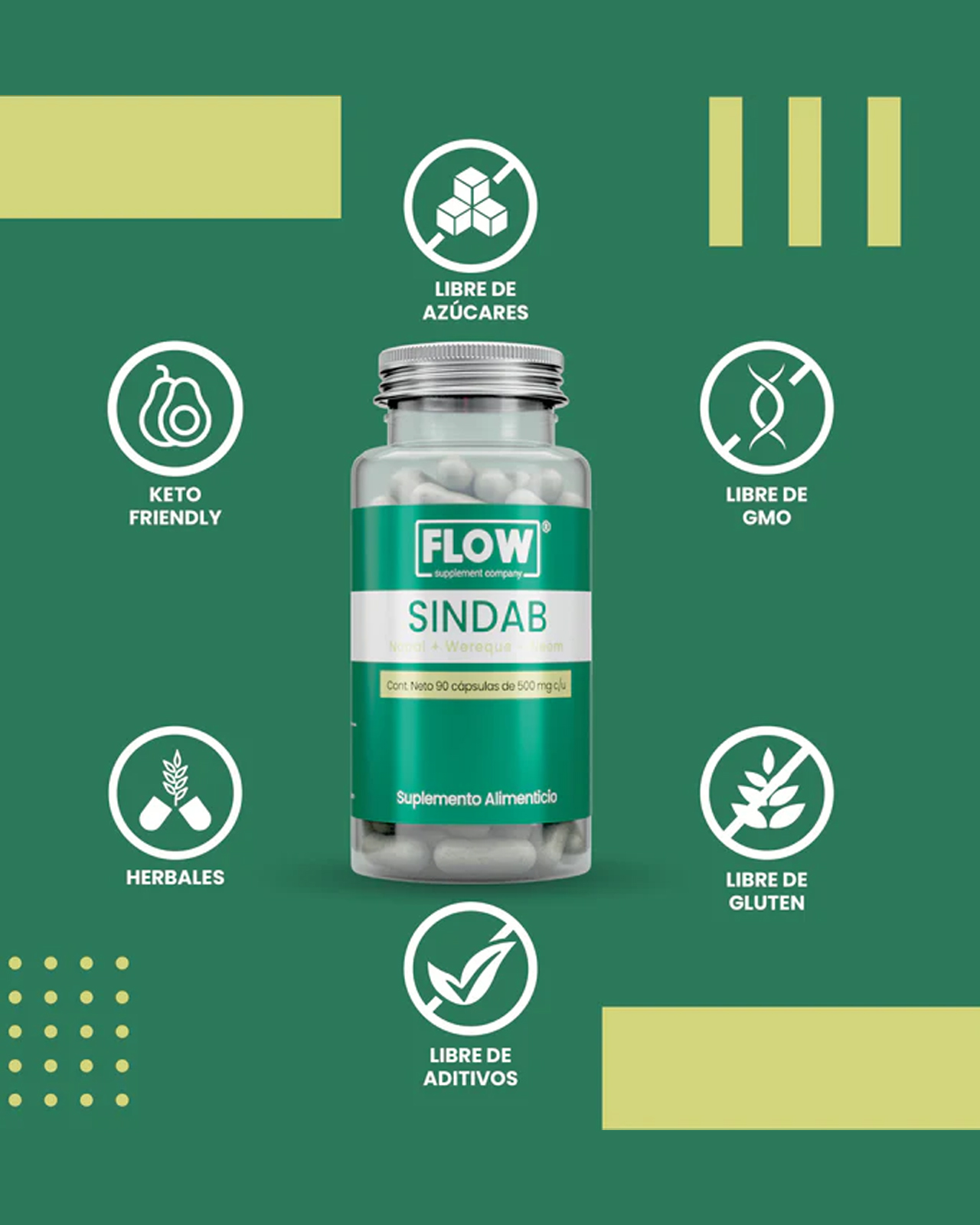Foto 5 pulgar | Minerales y Suplementos de Flow Supplements Sindab con Nopal Wereque, Neem 90 Cápsulas 500 mg