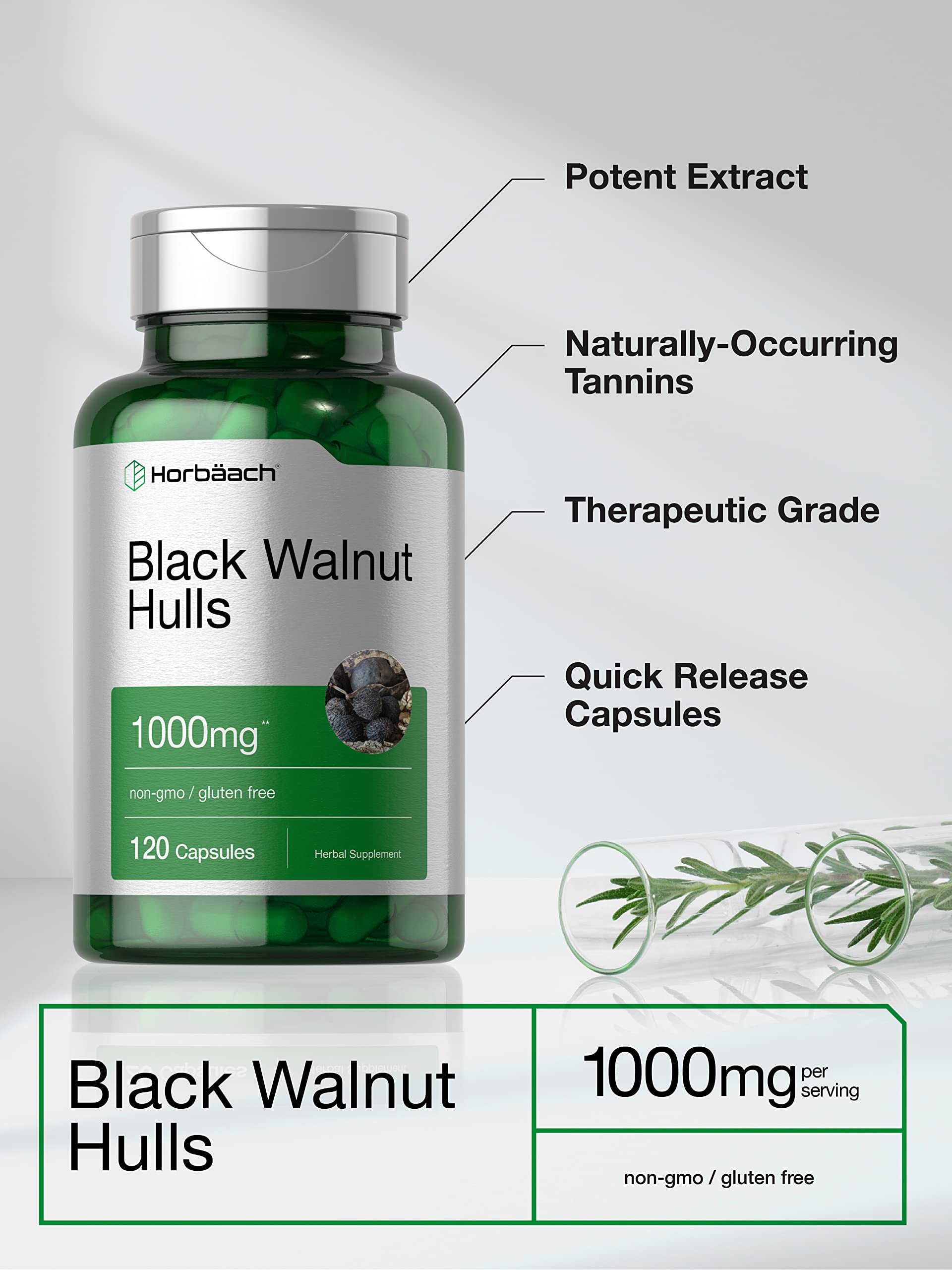 Foto 4 pulgar | Suplemento Horbaach Black Walnut Hulls 1000 mg 120 Cápsulas - Venta Internacional