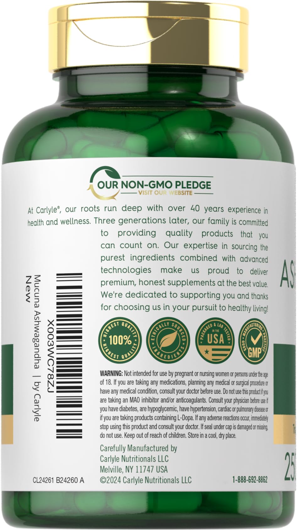 Foto 4 pulgar | Complementa Carlyle Mucuna Pruriens con Ashwagandha 250 Cápsulas - Venta Internacional