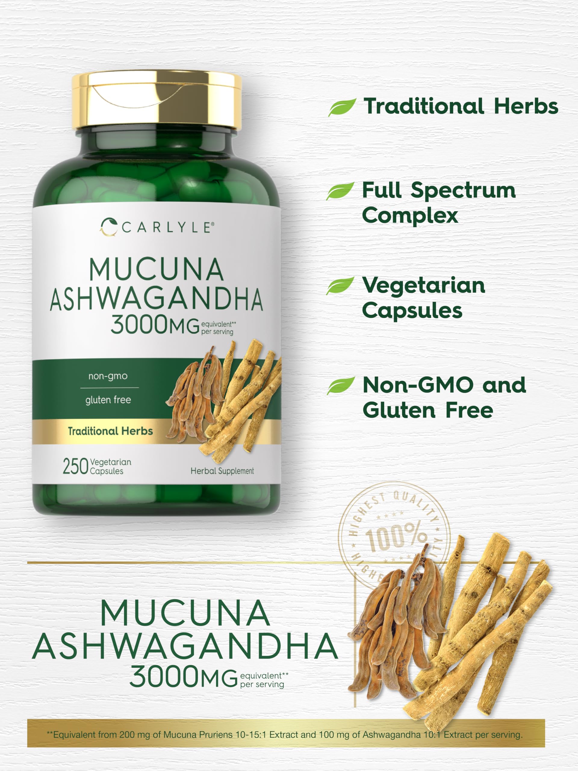 Foto 5 pulgar | Complementa Carlyle Mucuna Pruriens con Ashwagandha 250 Cápsulas - Venta Internacional
