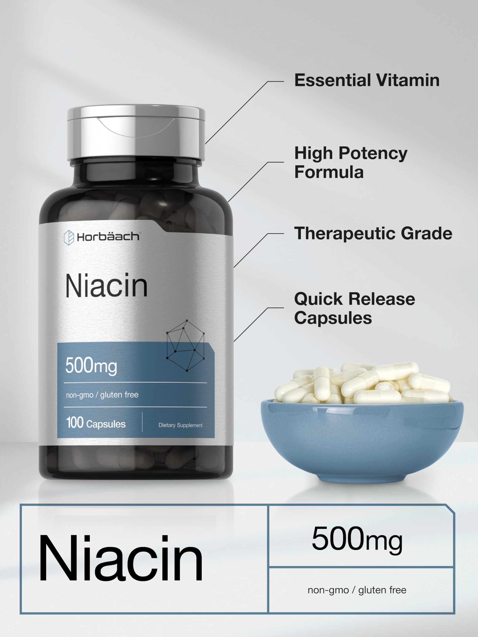 Foto 5 pulgar | Suplemento Horbaach con Niacina y Vitamina B3 500 mg 100 Cápsulas - Venta Internacional