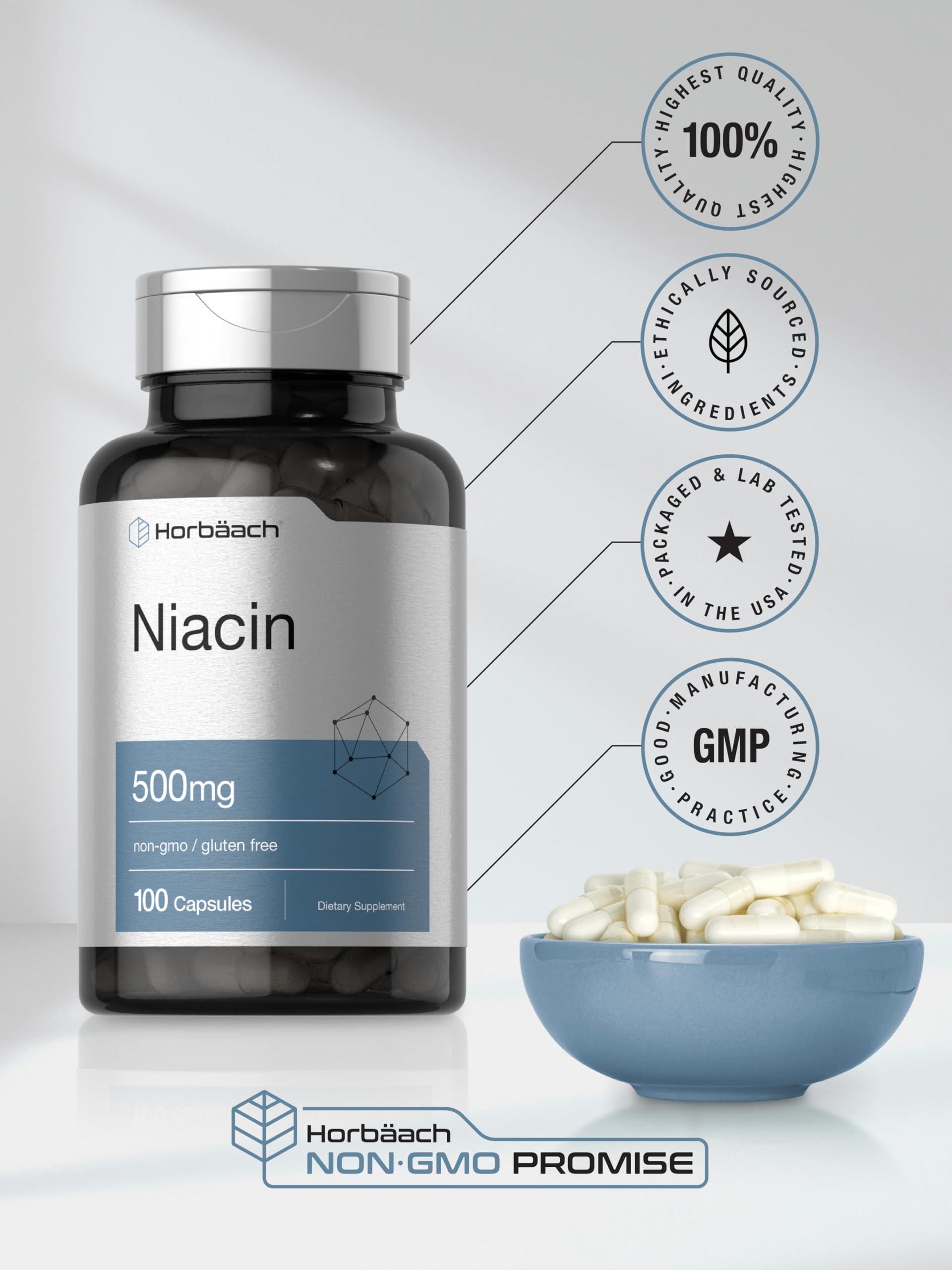 Foto 7 pulgar | Suplemento Horbaach con Niacina y Vitamina B3 500 mg 100 Cápsulas - Venta Internacional