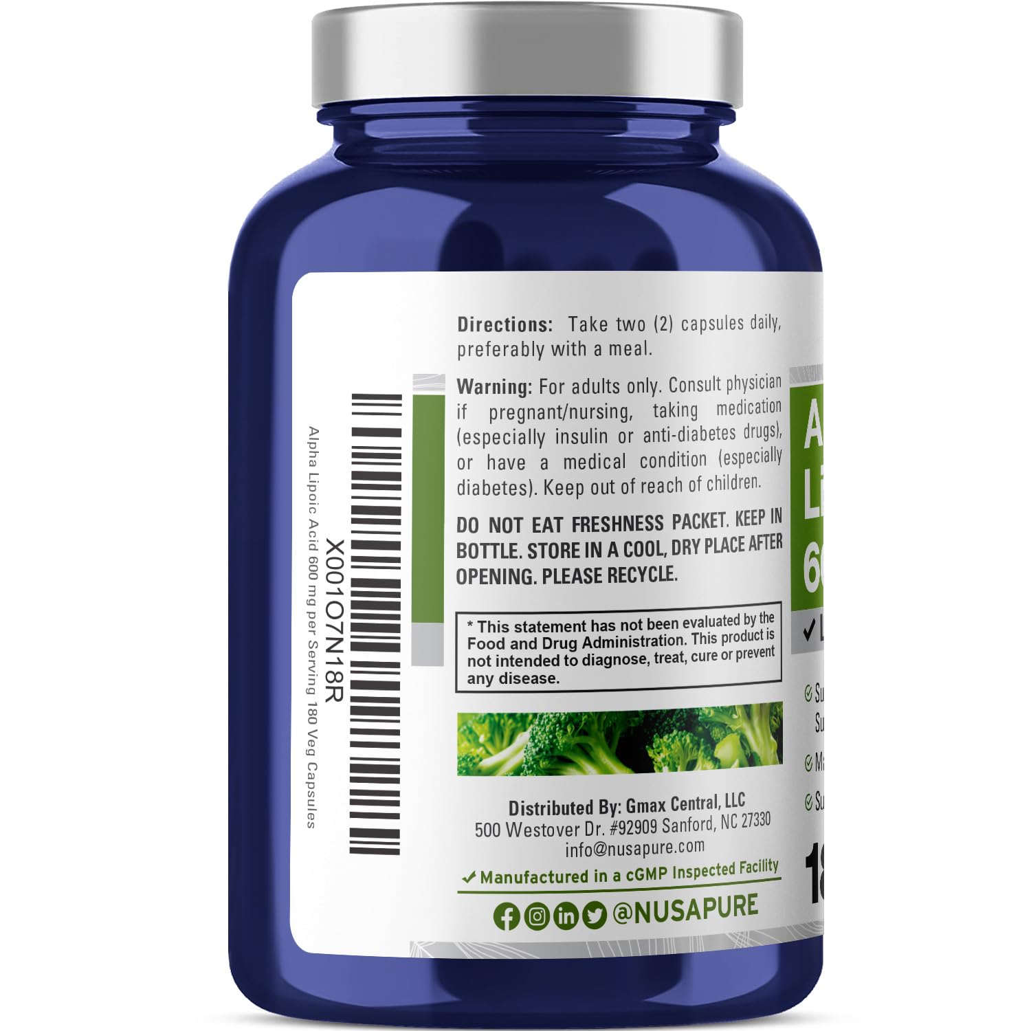 Foto 3 | Suplemento Nusapure Ácido Alfa Lipoico 180 Cápsulas - Venta Internacional
