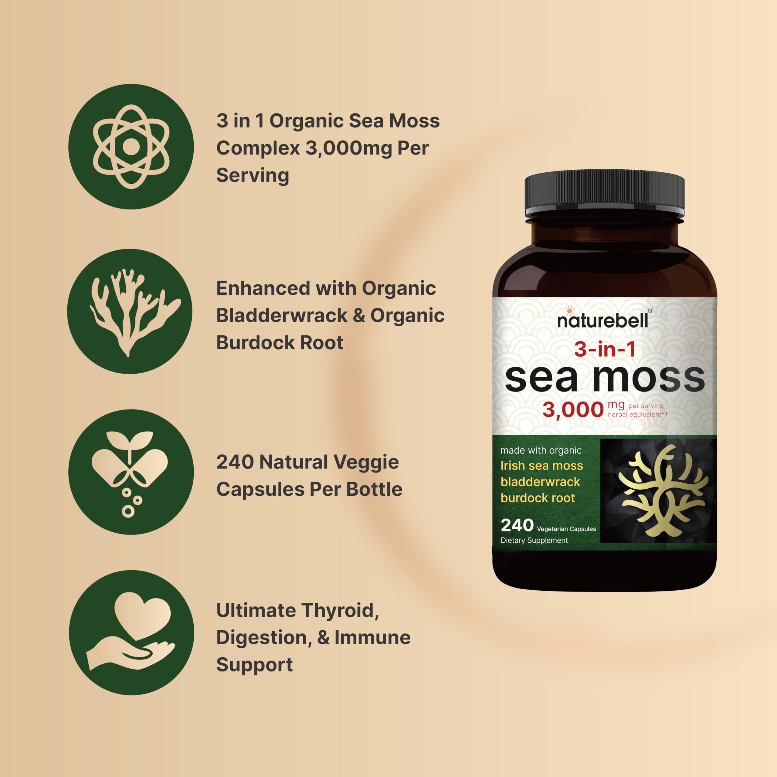 Foto 4 pulgar | Suplemento Naturebell Irish Sea Moss 3000 mg 240 Cápsulas - Venta Internacional