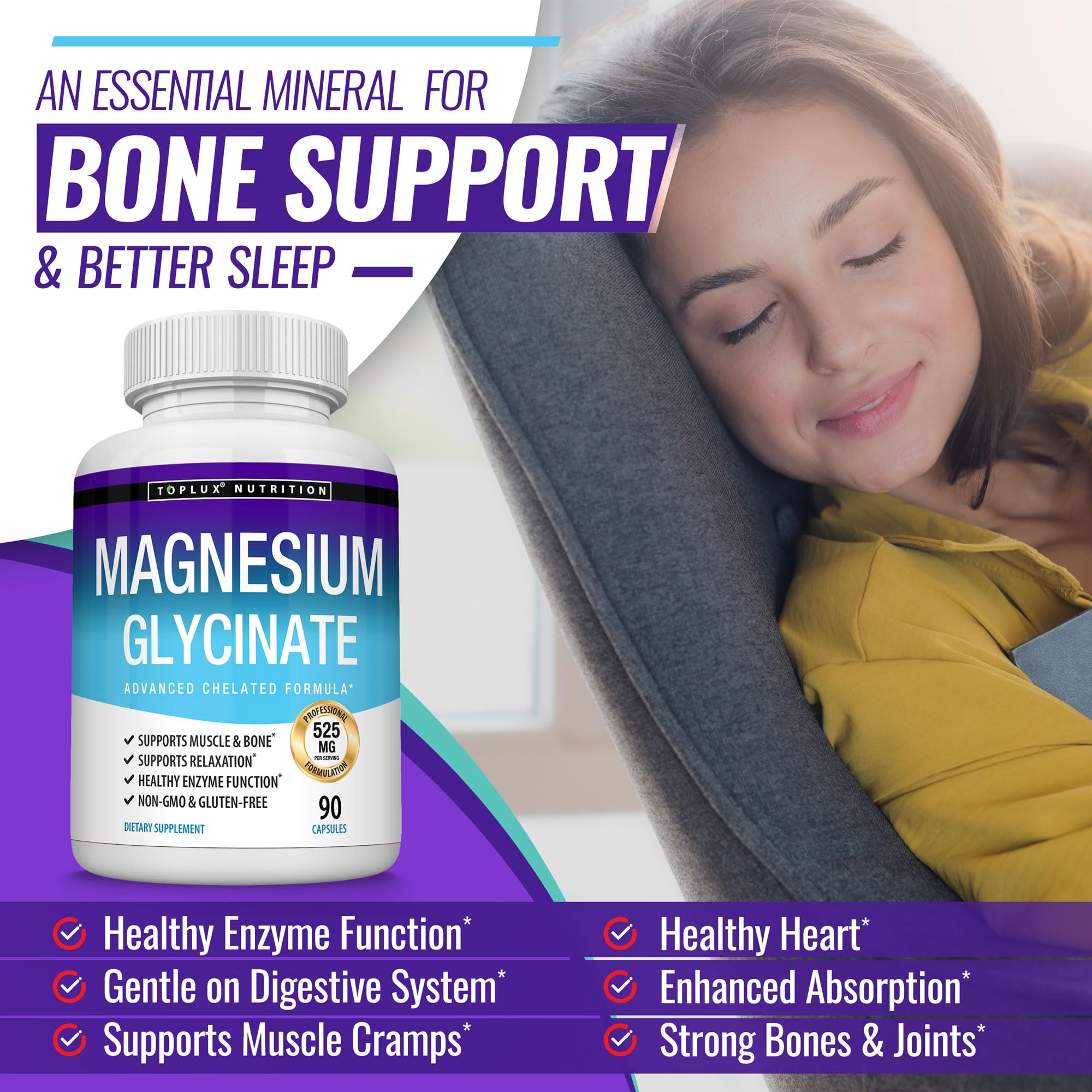 Foto 5 pulgar | Suplemento Toplux de Glicinato de Magnesio 525 Mg 90 Cápsulas - Venta Internacional