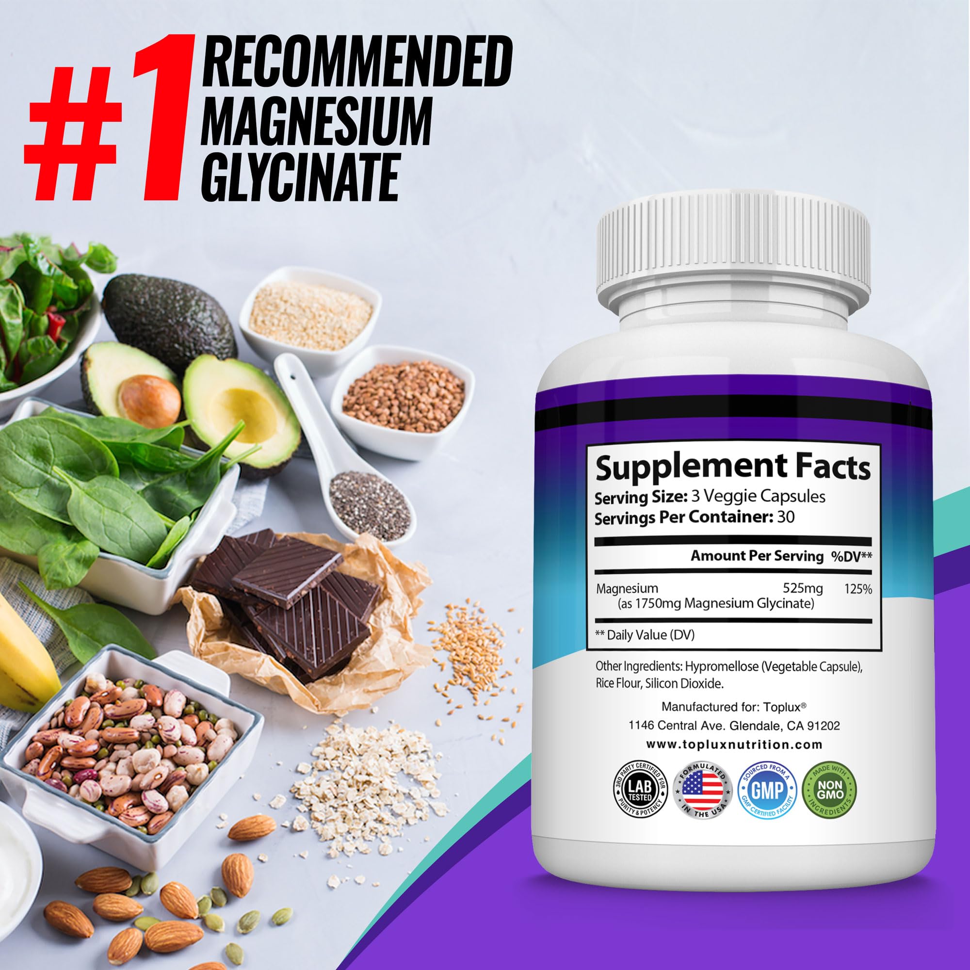 Foto 7 pulgar | Suplemento Toplux de Glicinato de Magnesio 525 Mg 90 Cápsulas - Venta Internacional
