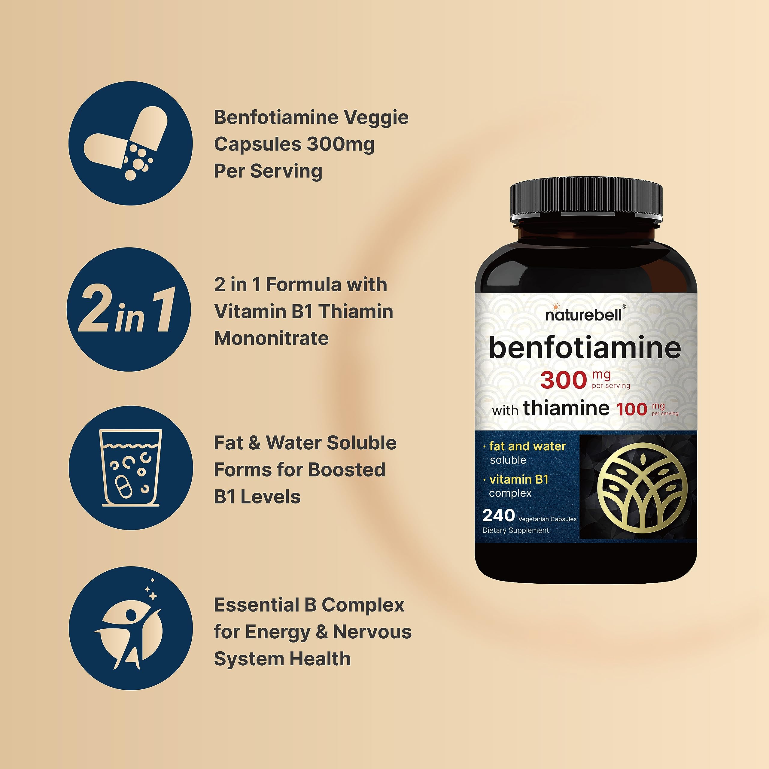 Foto 4 pulgar | Suplemento Naturebell Benfotiamina 300 mg con Tiamina 100 mg - Venta Internacional