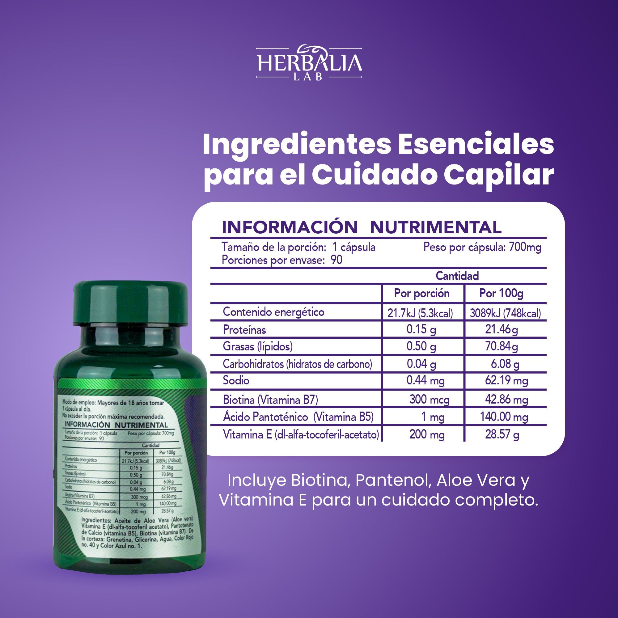 Foto 6 pulgar | Suplemento Alimenticio Herbalia Lab Vitaminas Hair Boost Biotina + Pantenol con Aloe Vera y Vitamina E Formula Premium