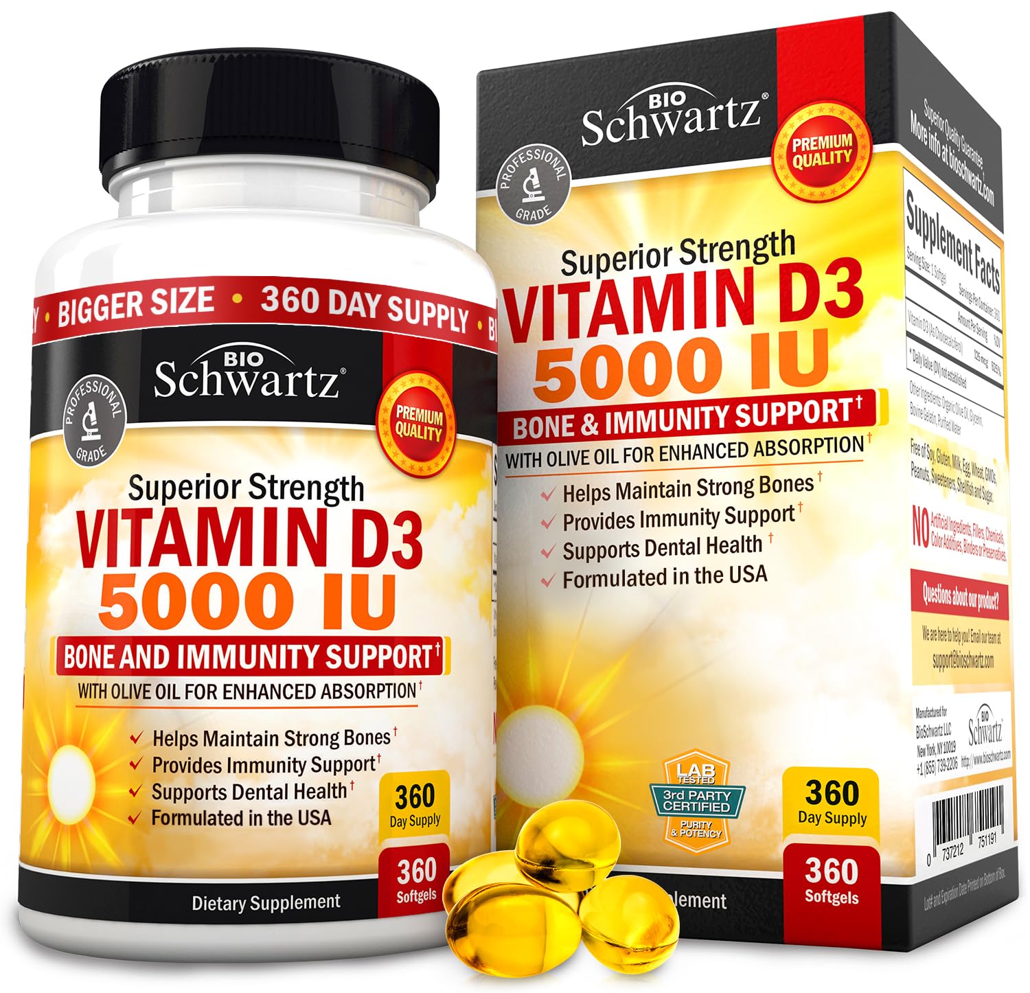Vitamina D3 Bioschwartz de 5000 IU con Aceite de Oliva 360 Cápsulas Blandas - Venta Internacional