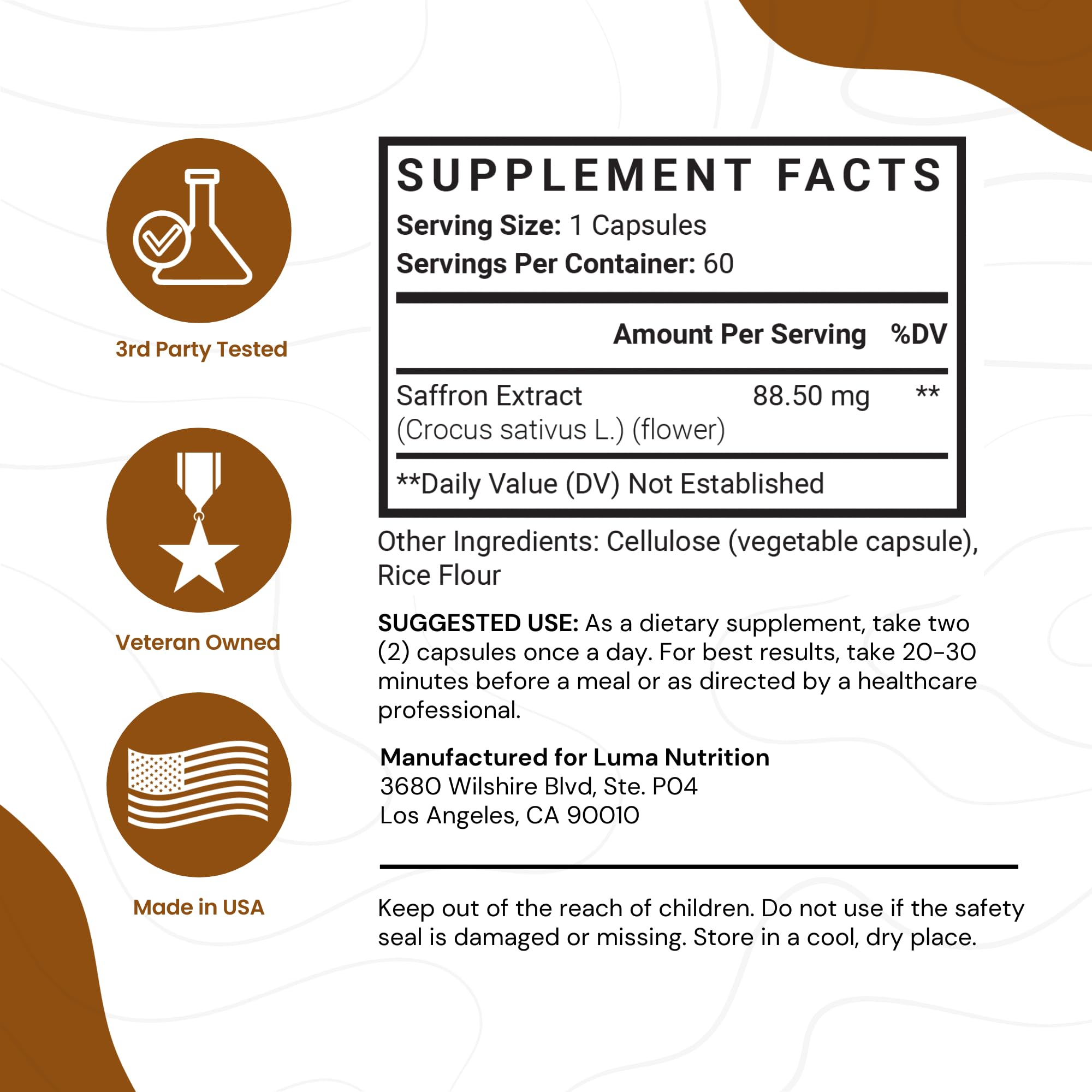 Foto 3 pulgar | Suplementos Luma Nutrition Extracto de Azafrán 88 50 mg 60 Cápsulas - Venta Internacional
