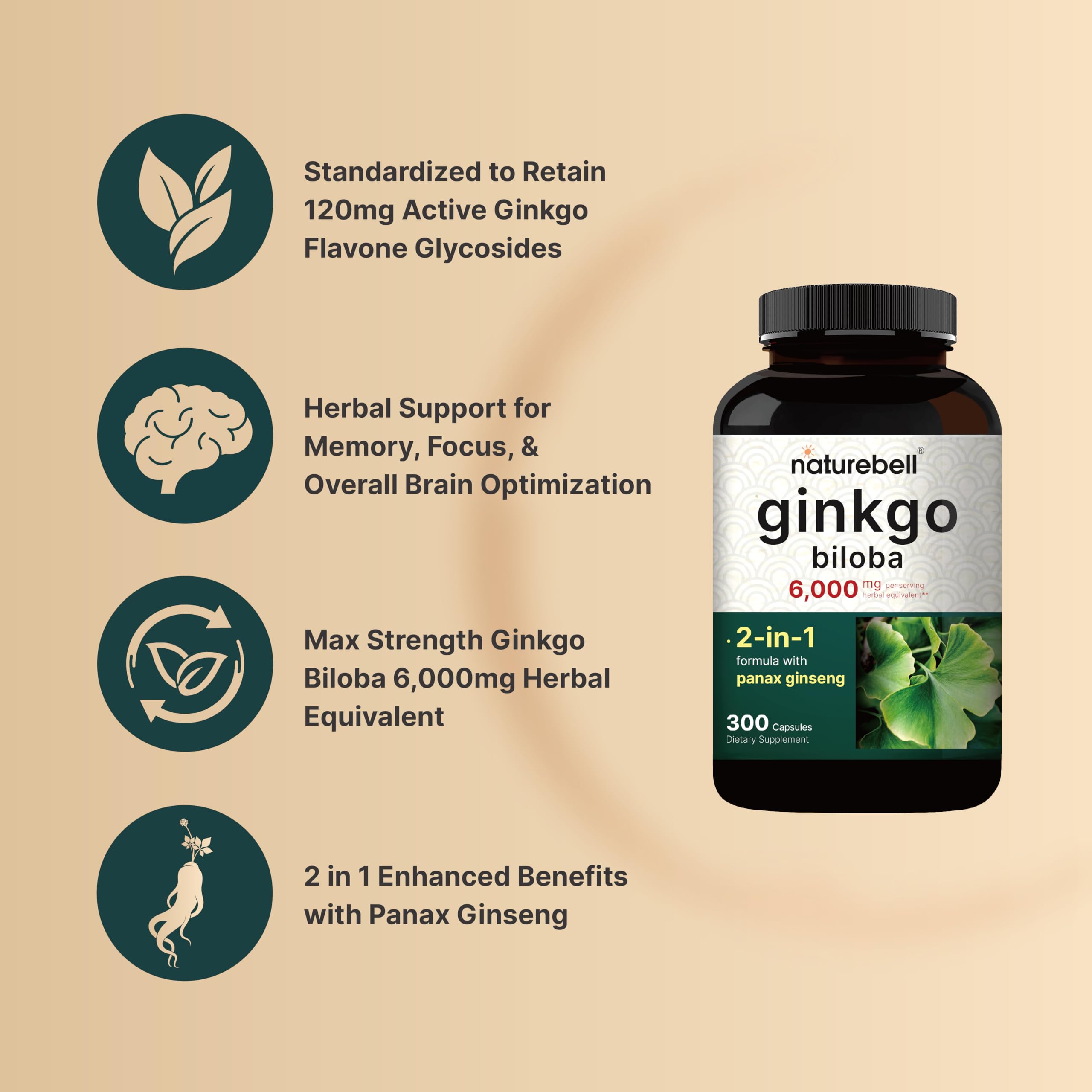 Foto 4 pulgar | Suplementos Naturebell Ginkgo Biloba de 6.000 Mg con Panax Ginseng - Venta Internacional