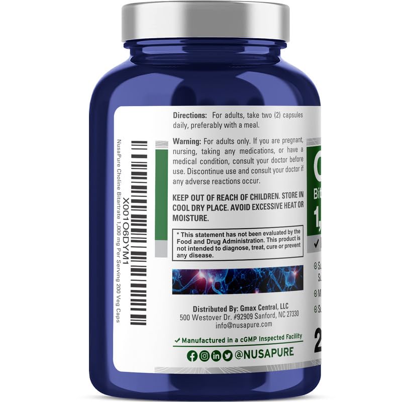 Foto 3 pulgar | Suplemento Nusapure Bitartrato de Colina 1000 mg 200 Cápsulas - Venta Internacional
