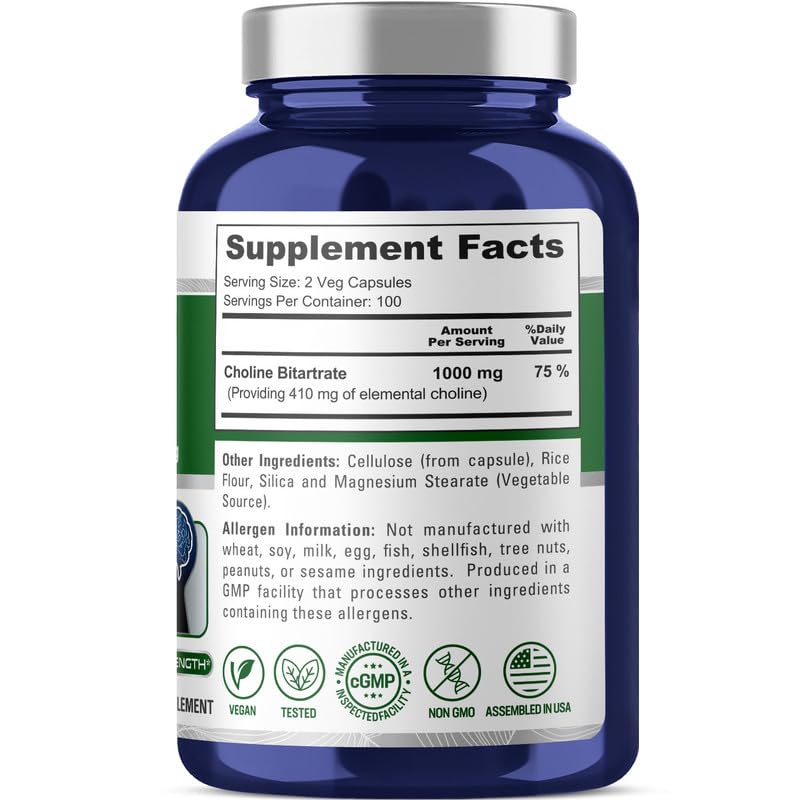 Foto 4 pulgar | Suplemento Nusapure Bitartrato de Colina 1000 mg 200 Cápsulas - Venta Internacional