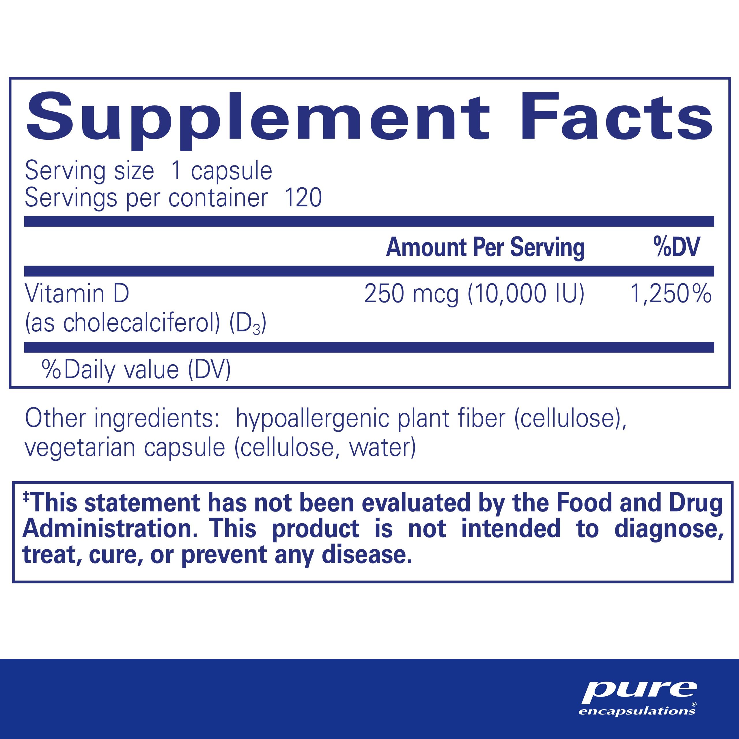 Foto 3 pulgar | Suplemento de Vitamina D3 de Pure Encapsulations 250 Mcg 10.000 Ui - Venta Internacional