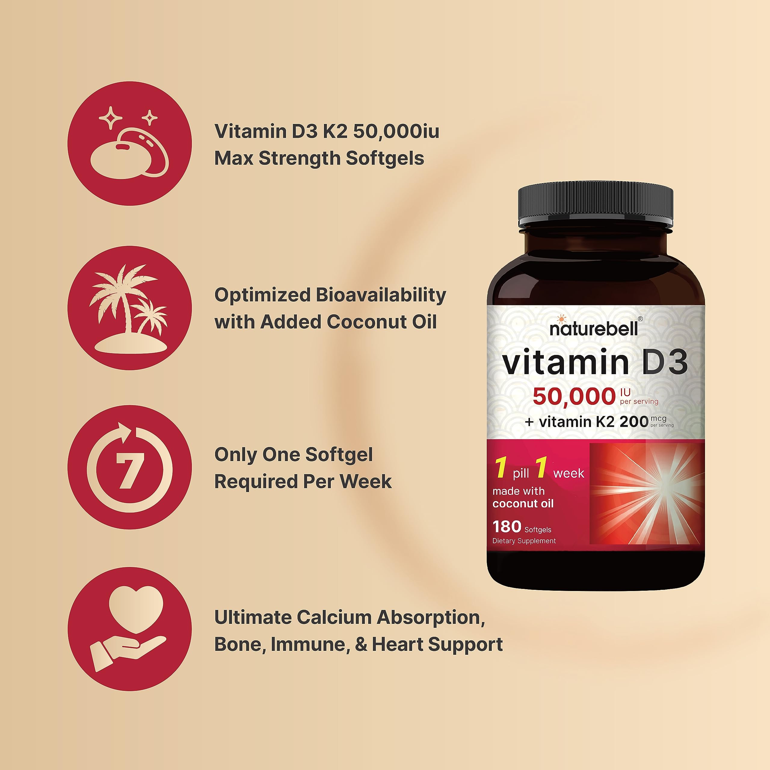 Foto 4 pulgar | Vitamina D3 y K2 Naturebell 50 000 Iu 200 Mcg 180 Cápsulas Blandas - Venta Internacional