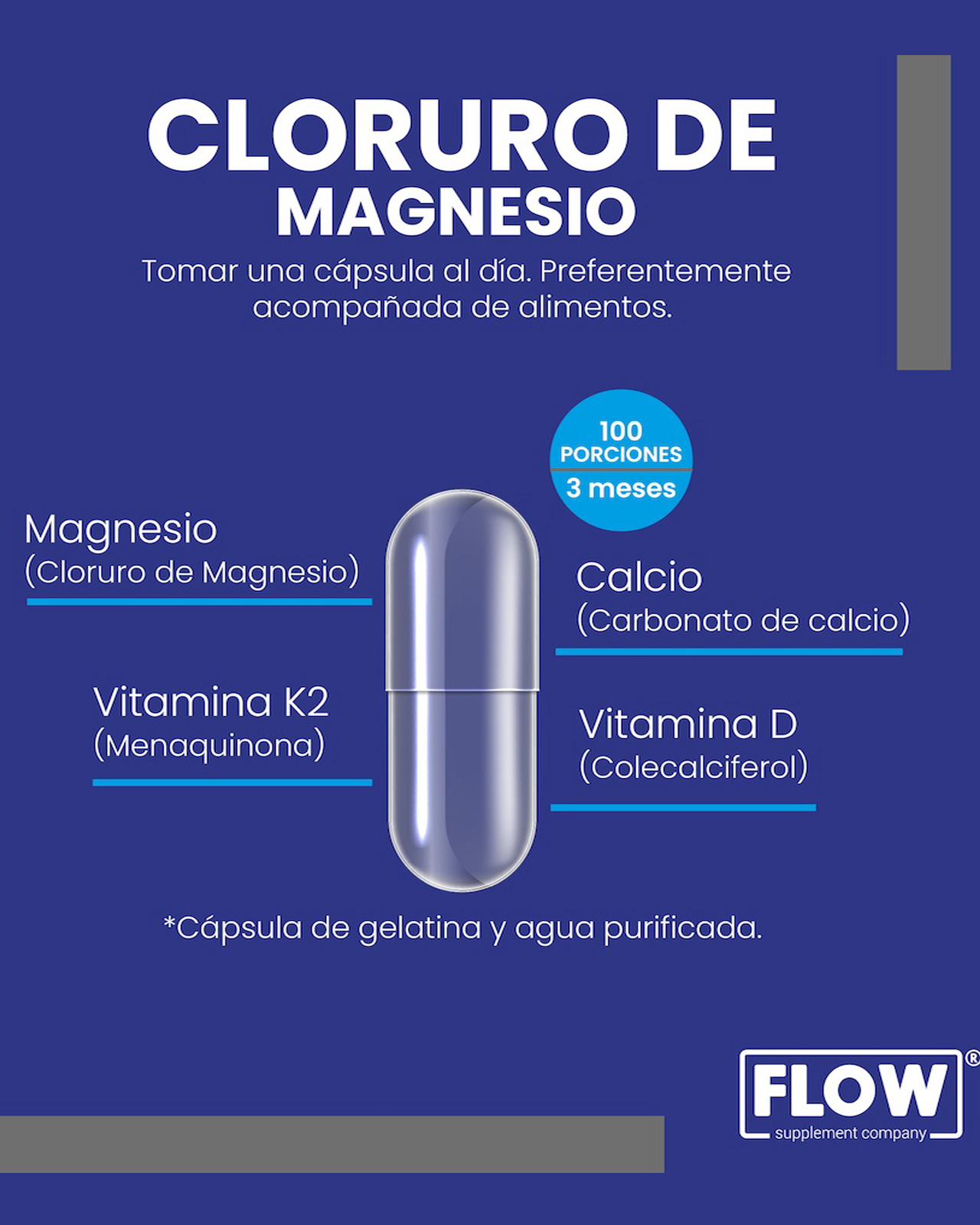 Foto 5 pulgar | Flow Vitaminas Minerales y Suplementos -Cloruro de Magnesio con Vitamina K2 Vitamina D y Calcio 100 Cápsulas de 500 m
