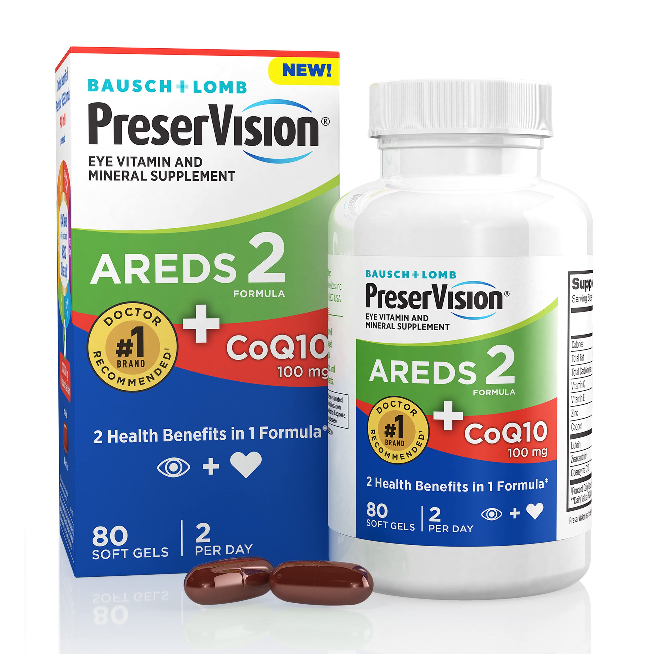 Vitaminas para Ojos Preservision AREDS 2 con CoQ10 para la Salud del Corazón - 80 Cápsulas Blandas