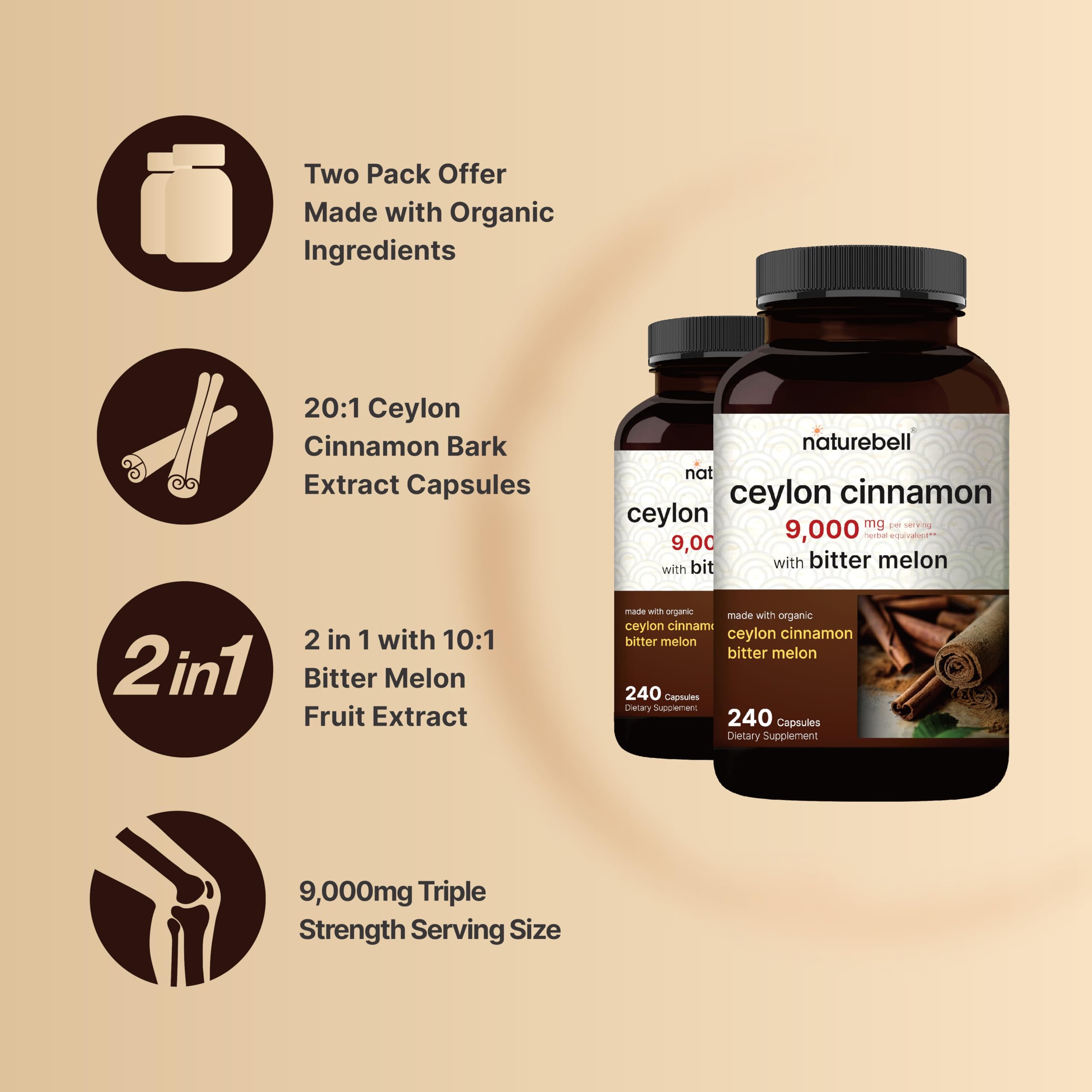 Foto 4 pulgar | Suplemento Naturebell de Canela de Ceilán 9000 Mg con Melón Amargo - Venta Internacional