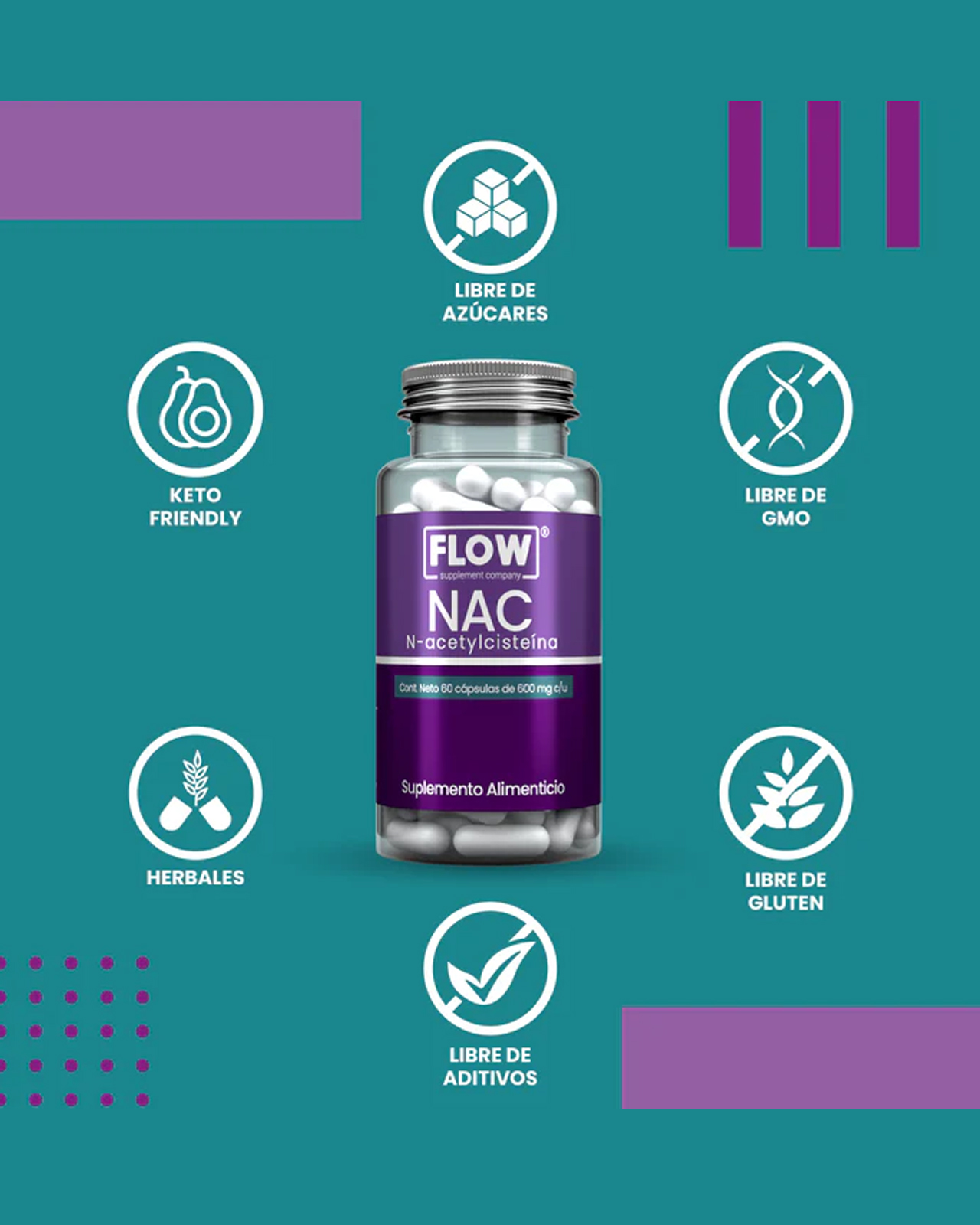 Foto 5 | Flow Vitaminas Minerales y Suplementos -Nac (n-acetylcisteína) con 60 Cápsulas de 600 mg c/u