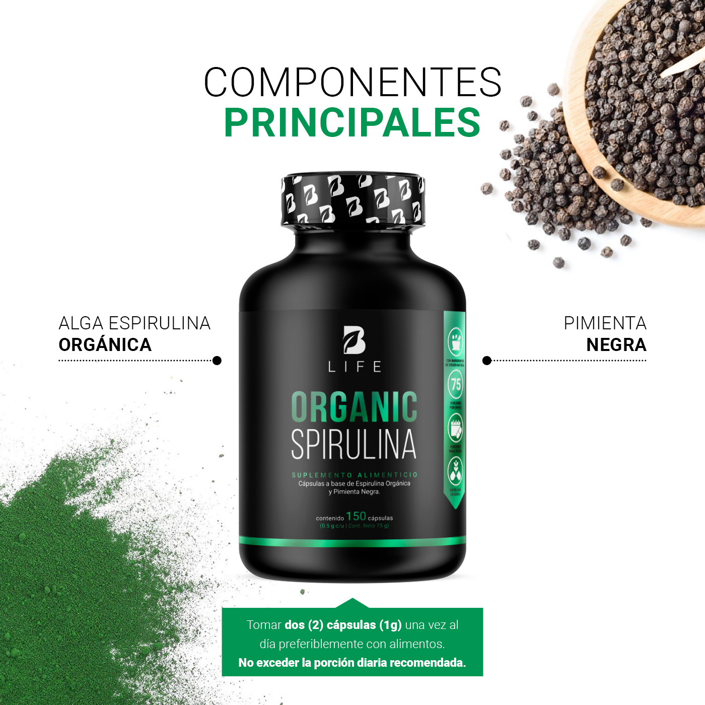 Foto 4 pulgar | Suplemento B Life Organic Spirulina de 150 Cápsulas