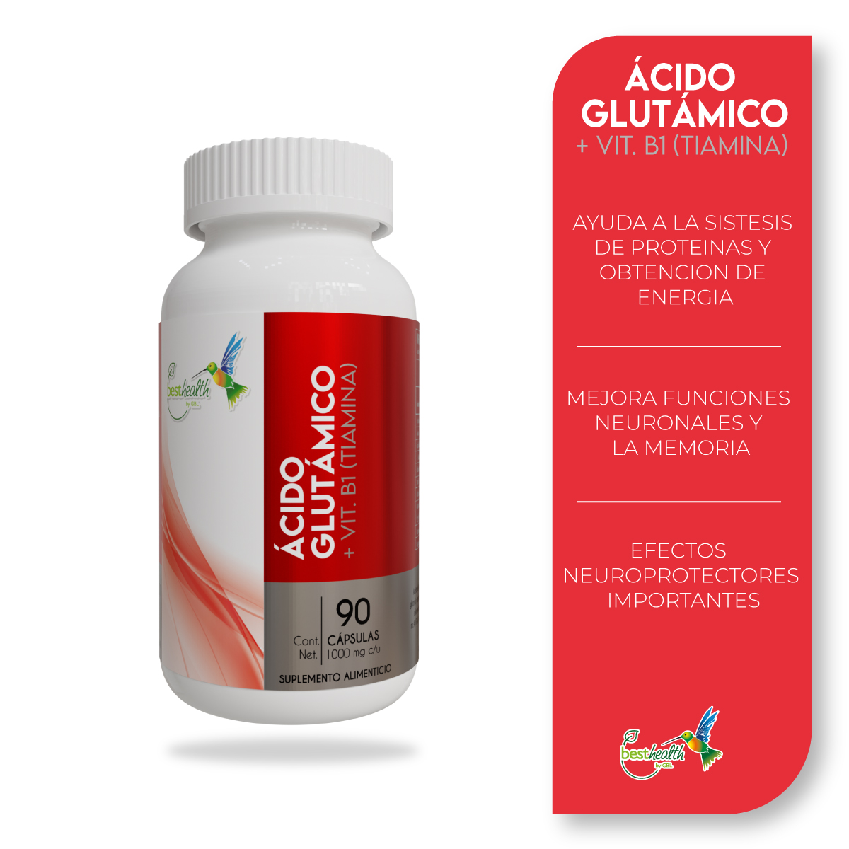 Foto 3 pulgar | Ácido Glutámico + Vitamina B1 Best Health 90 Cápsulas
