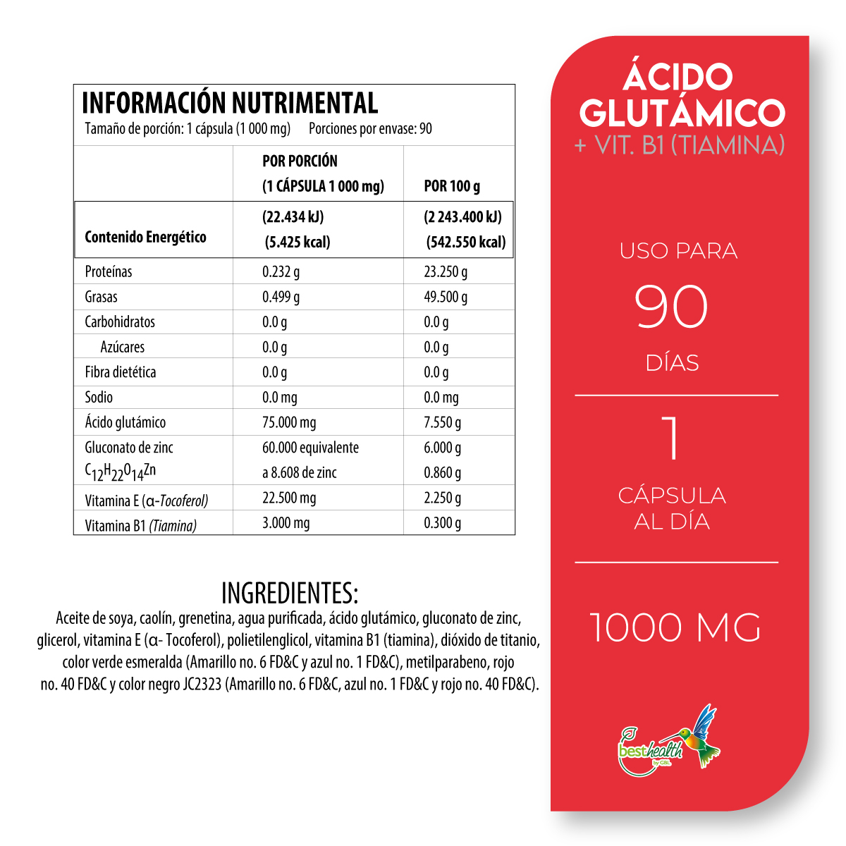 Foto 4 pulgar | Ácido Glutámico + Vitamina B1 Best Health 90 Cápsulas