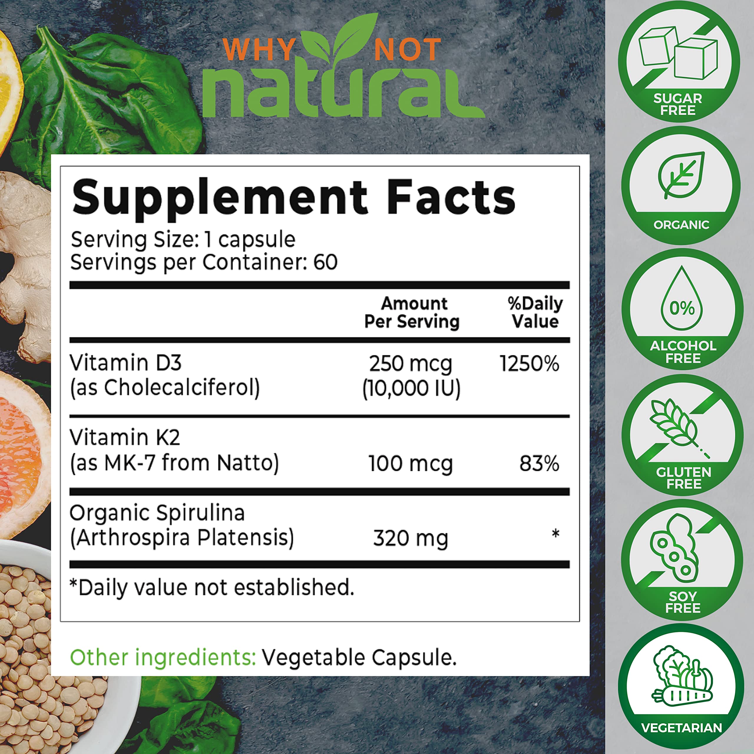 Foto 3 pulgar | Vitamina D3 y K2 Why Not Natural de 10000 Iu con Espirulina - Venta Internacional