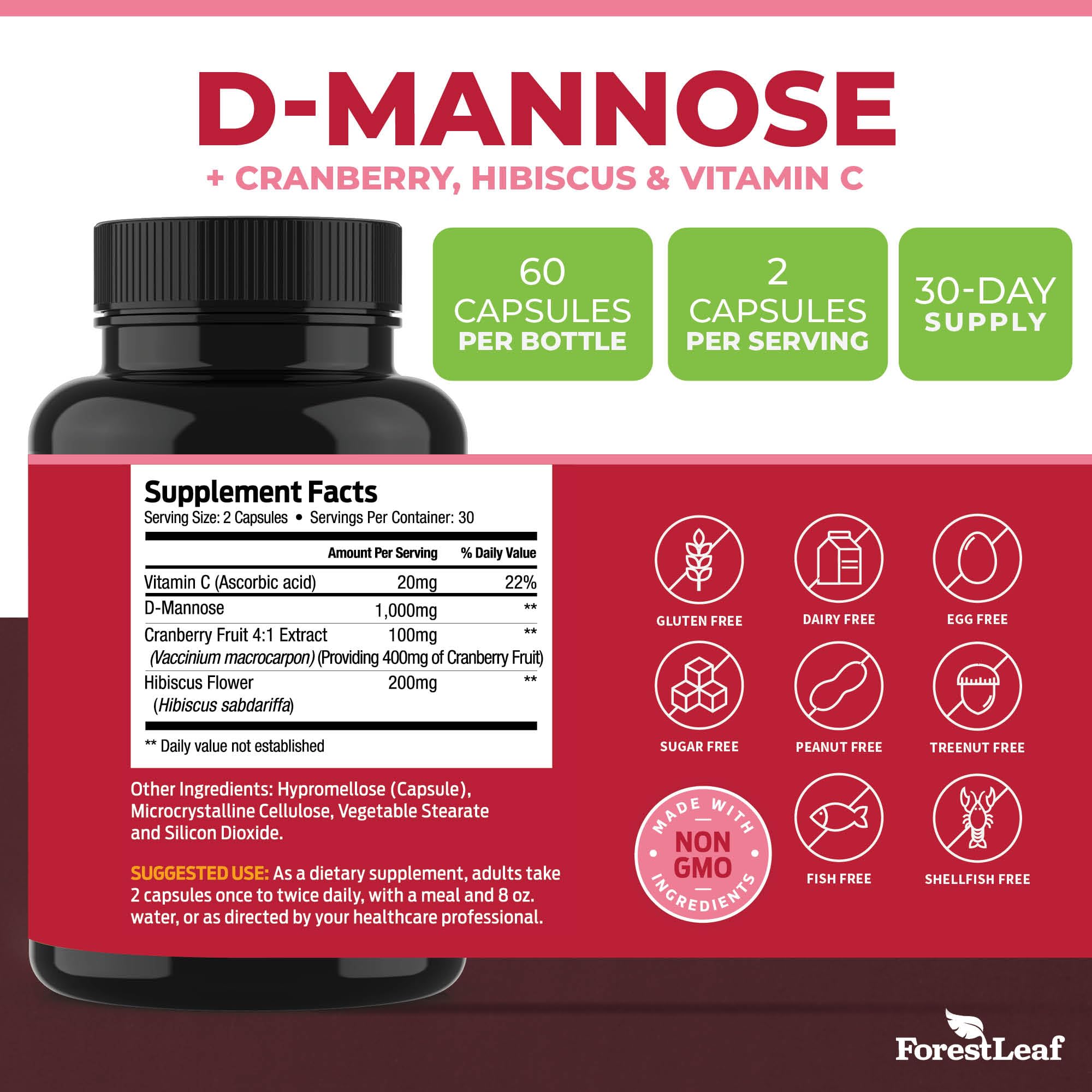 Foto 5 pulgar | Suplemento Forestleaf D-manose 1000 Mg Con Arándano Y Vitamina C 60 Cápsulas - Venta Internacional