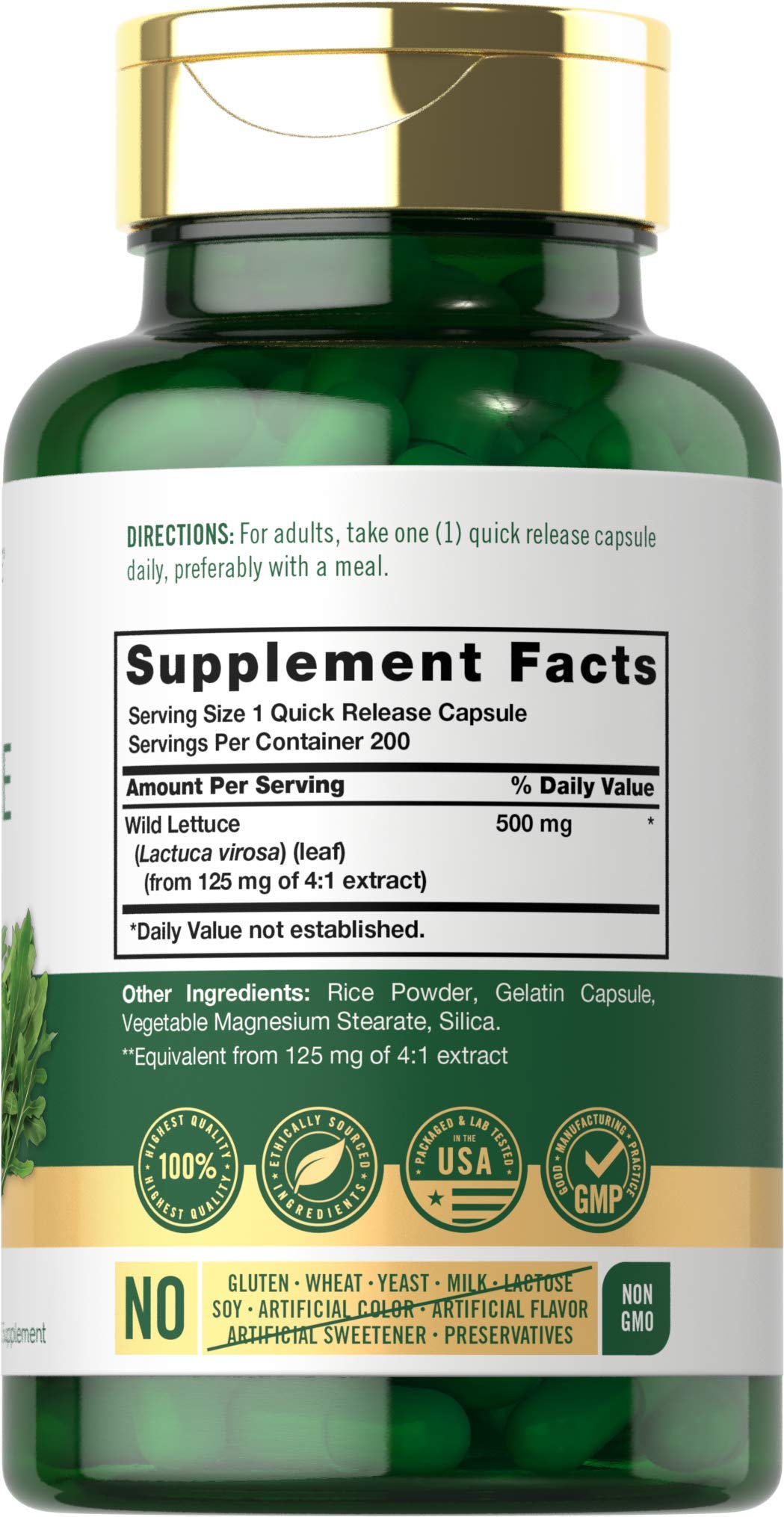 Foto 3 pulgar | Suplemento de Extracto de Lechuga Silvestre Carlyle 500 mg 200 Cápsulas - Venta Internacional