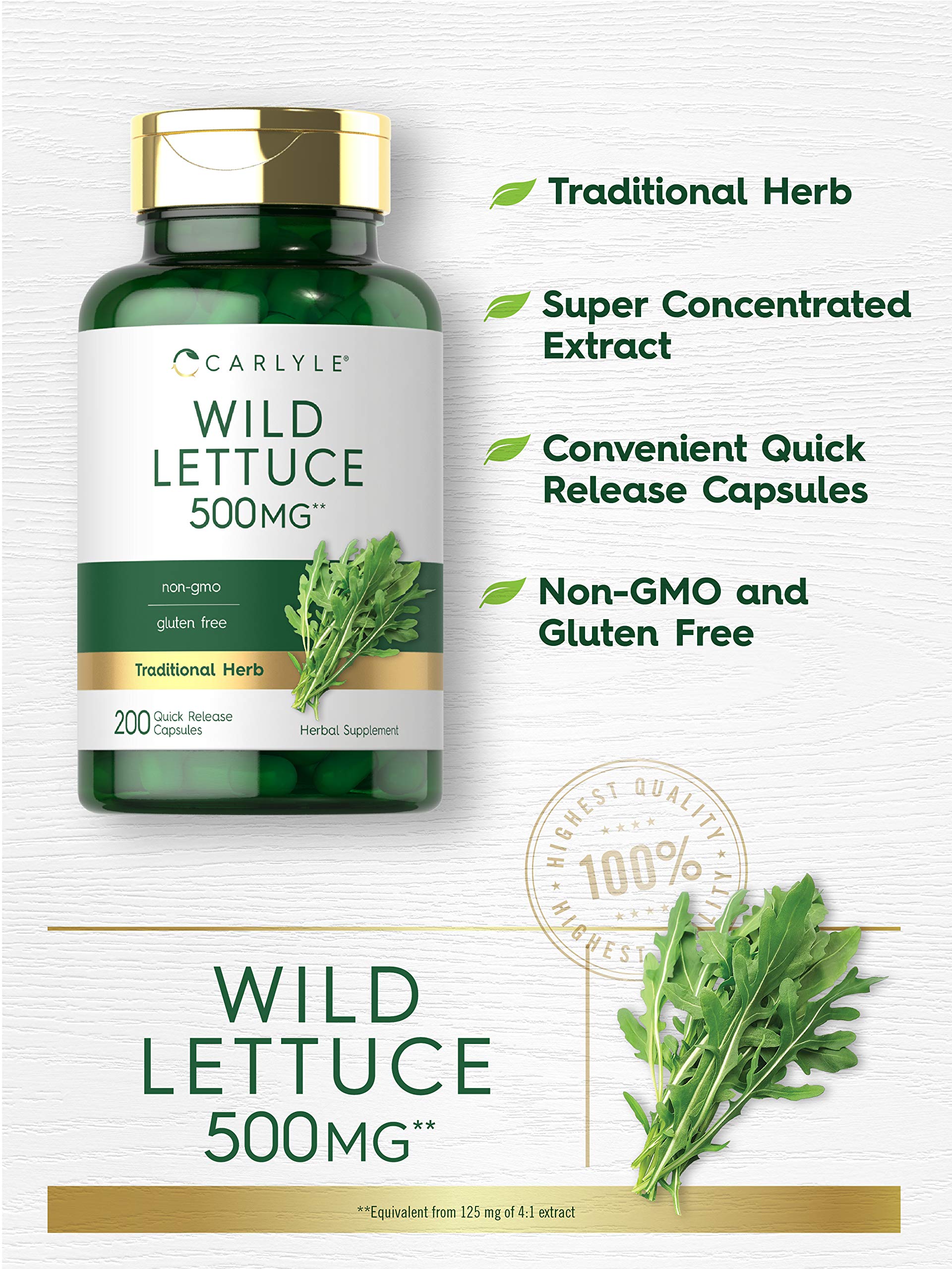 Foto 4 pulgar | Suplemento de Extracto de Lechuga Silvestre Carlyle 500 mg 200 Cápsulas - Venta Internacional