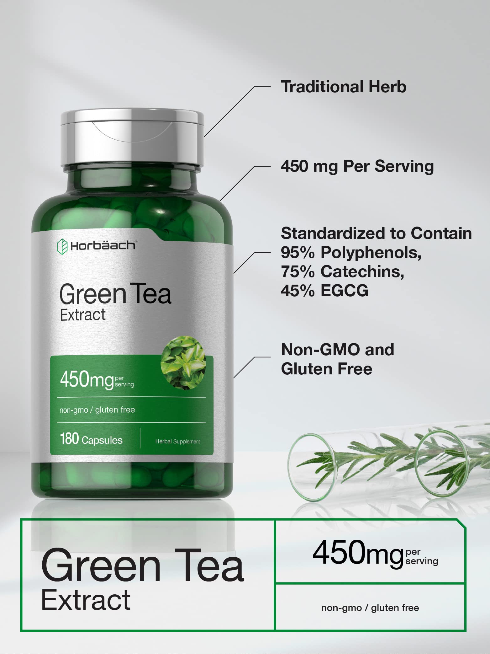 Foto 3 | Suplemento de Extracto de Té Verde Horbäach 450 mg 180 Cápsulas - Venta Internacional