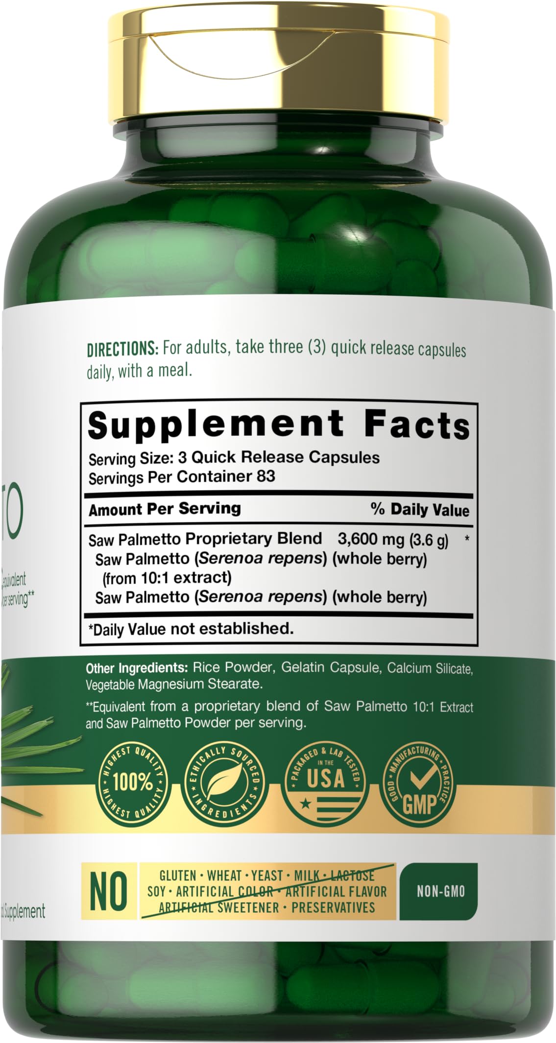 Foto 3 pulgar | Suplemento de Extracto de Palma Enana Americana Carlyle 3600 mg 250 Cápsulas - Venta Internacional