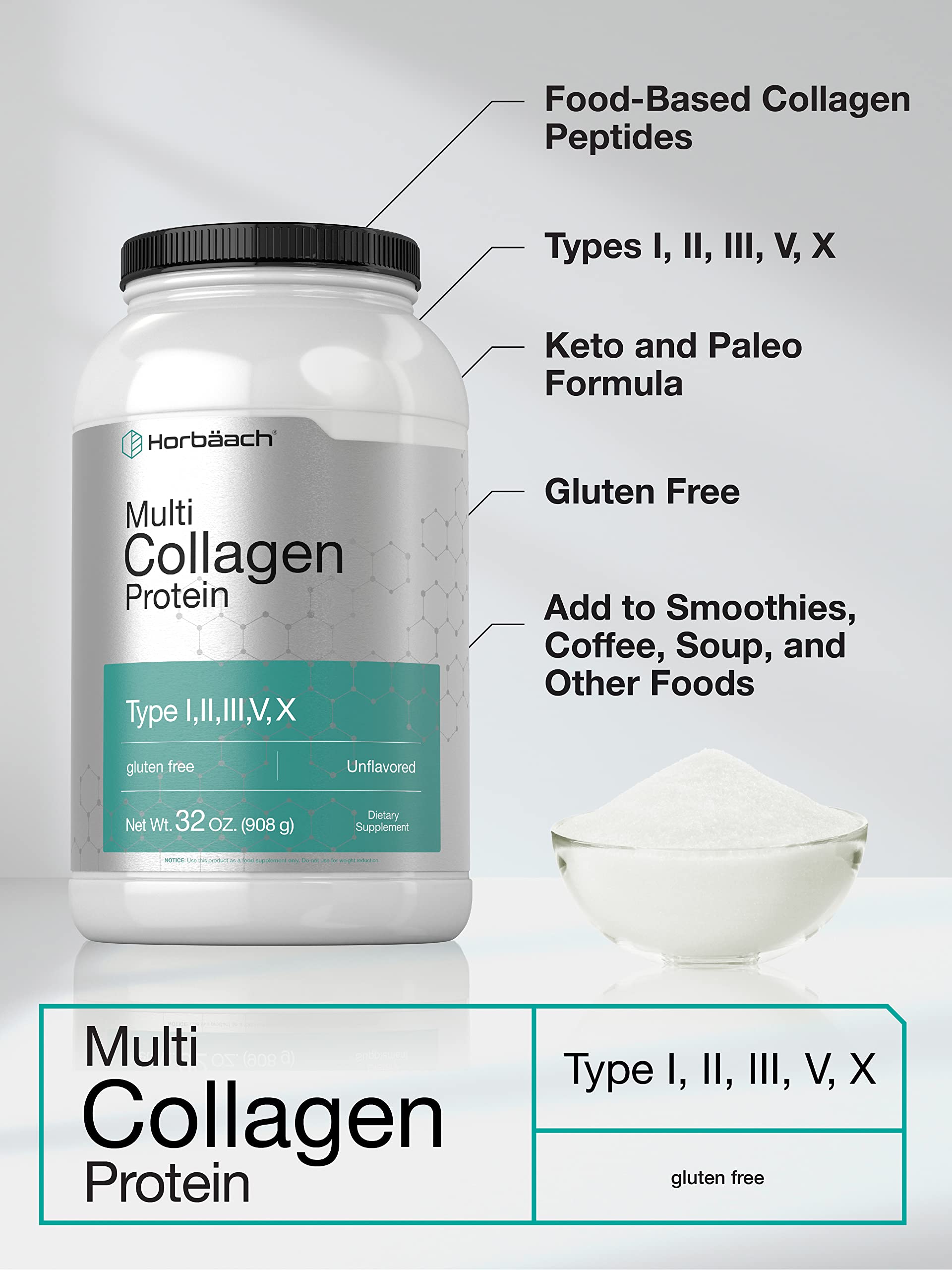Foto 4 pulgar | Proteína de Colágeno en Polvo Horbäach Multi 946 ml Tipo I - II - III - V - X - Venta Internacional
