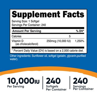 Foto 2 | Vitamina D3 Nutricost 10000 Iu de Gelatina Blanda 240 Cápsulas - Venta Internacional
