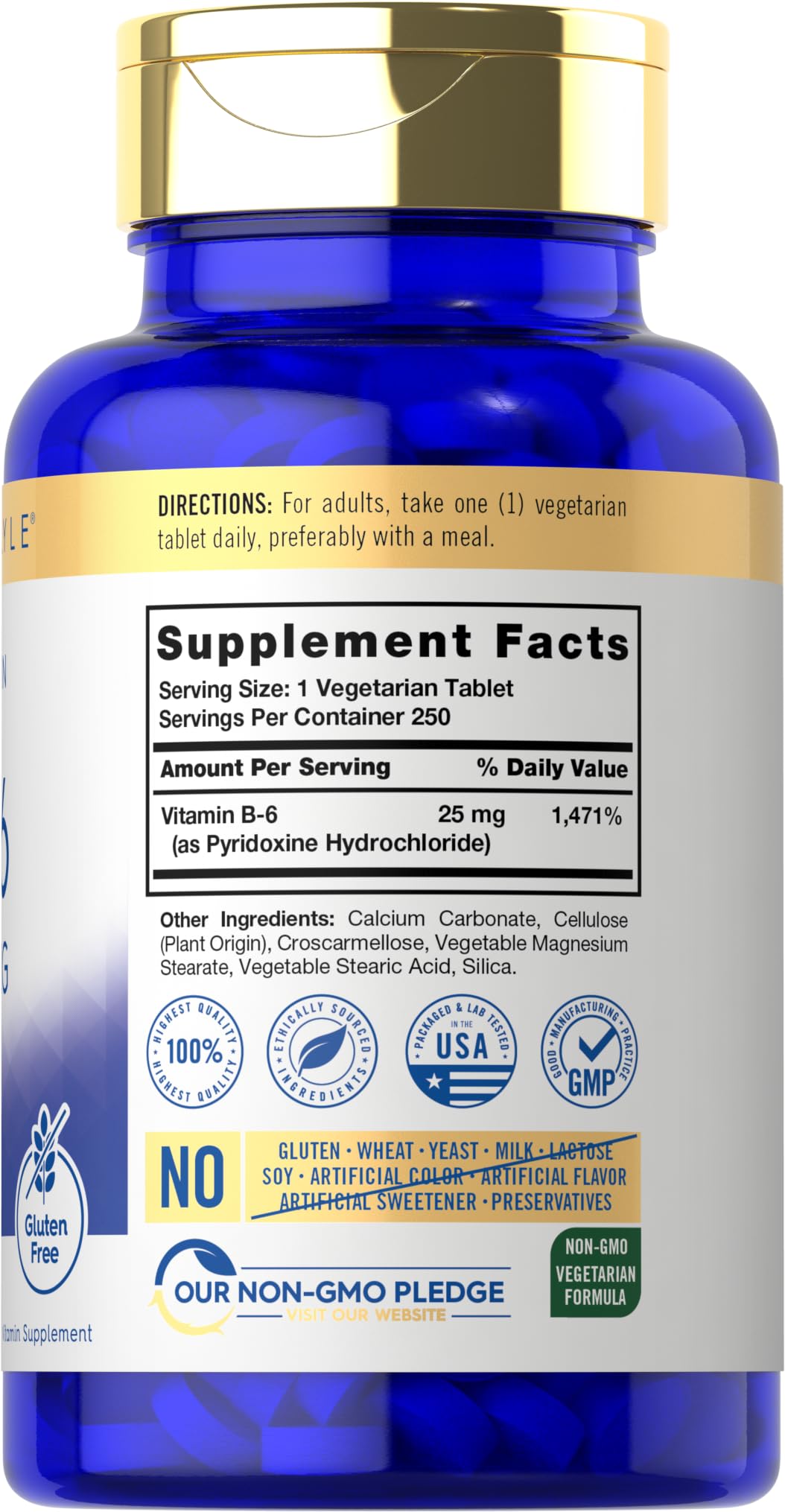 Foto 3 pulgar | Suplemento Carlyle de Vitamina B6 25 mg 250 Comprimidos Vegetariano - Venta Internacional