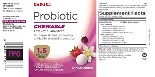 Foto 3 pulgar | Probiótico GNC Vainilla y Bayas Masticables 100 Tabletas 1.5 Mil Millones de CFU - Venta Internacional