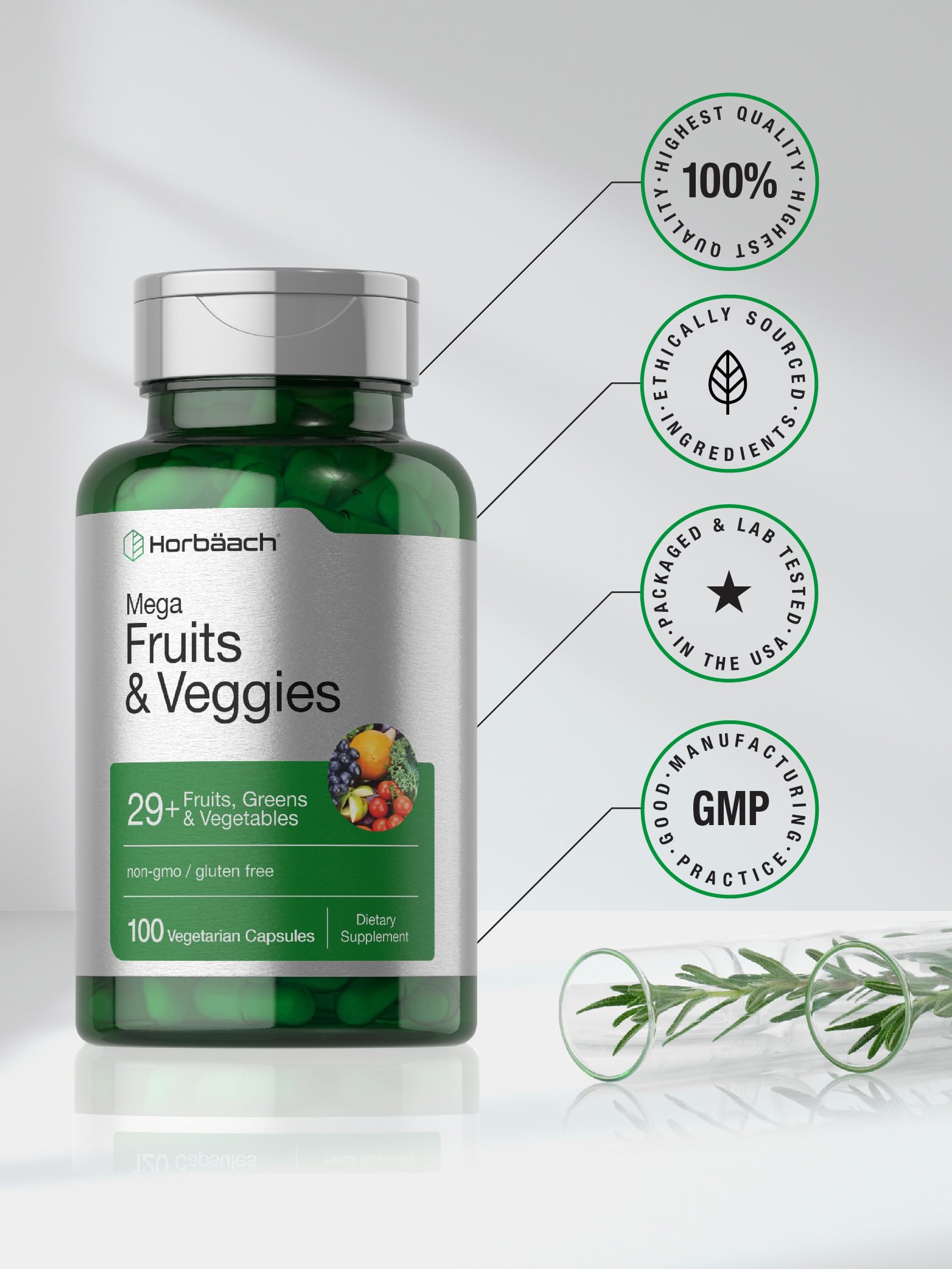 Foto 7 pulgar | Suplemento Horbaach Mega Fruits y Veggies 100 Cápsulas - Venta Internacional