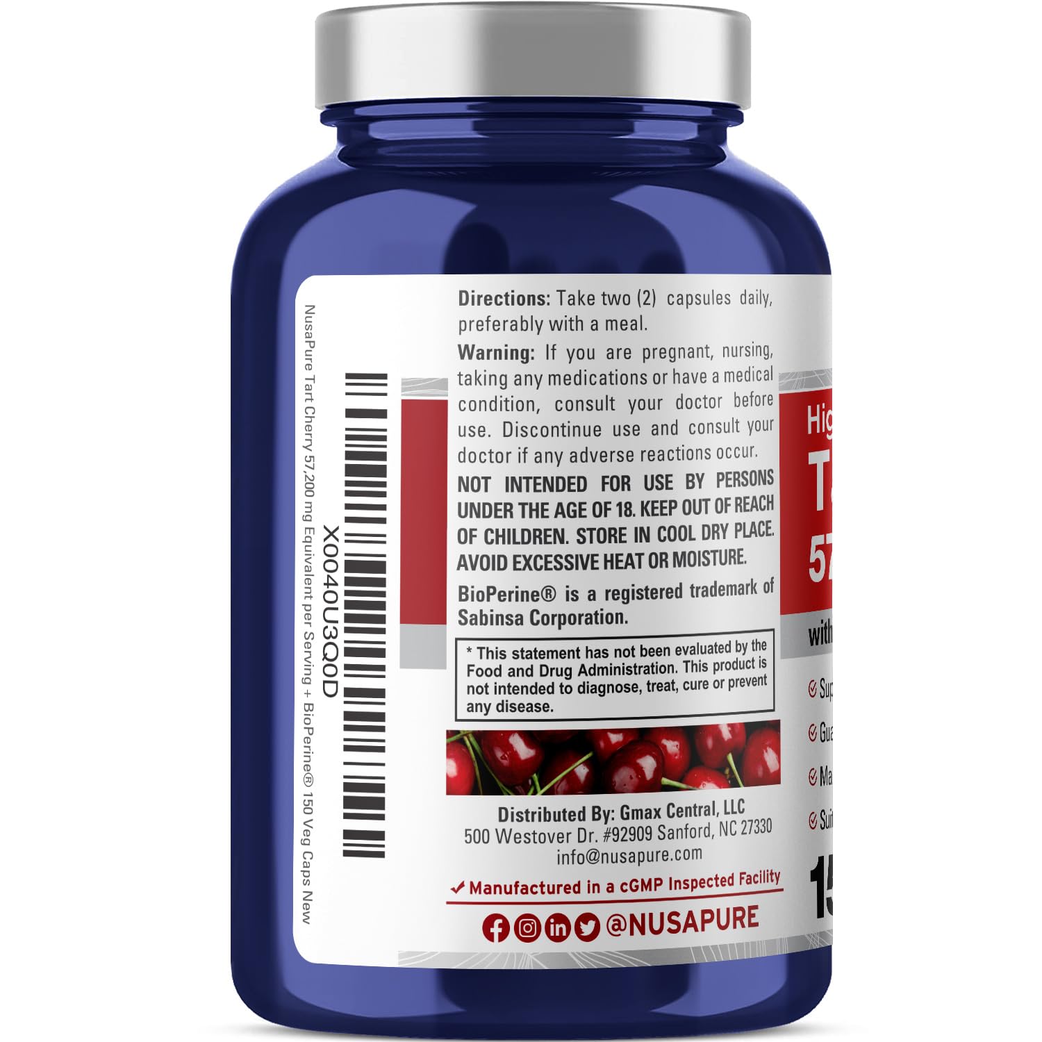 Foto 4 pulgar | Suplemento Nusapure Tart Cherry 57,200 mg 150 Cápsulas Vegano - Venta Internacional