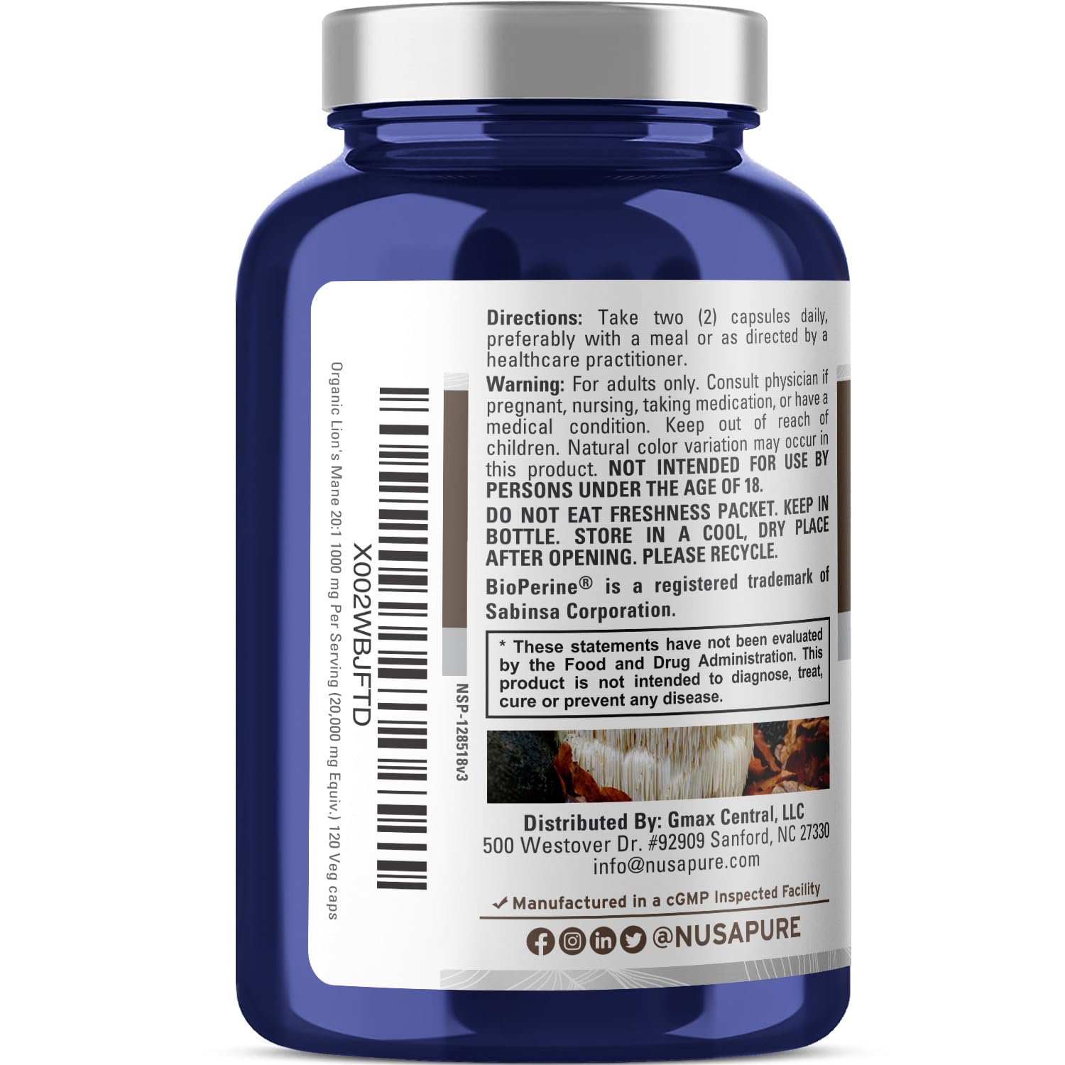 Foto 4 pulgar | Suplemento de Extracto de Melena de León Nusapure 20 000 Mg 120 Cápsulas - Venta Internacional