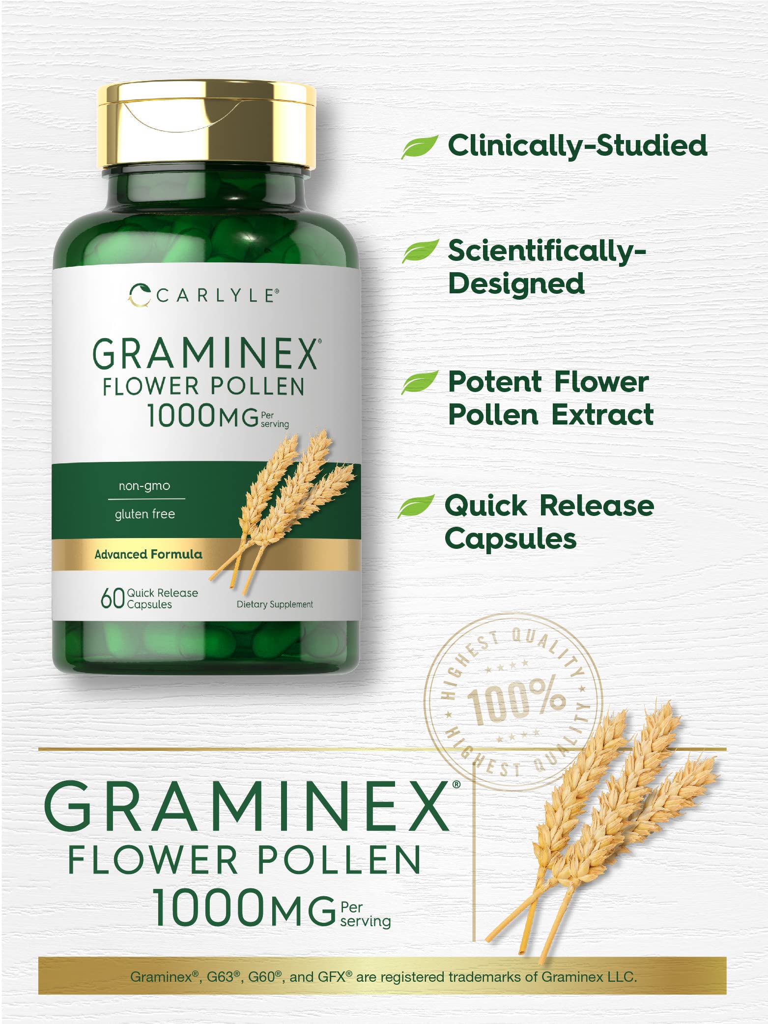Foto 4 pulgar | Suplemento de Extracto Polen de Flores Carlyle Graminex 1000 Mg - Venta Internacional
