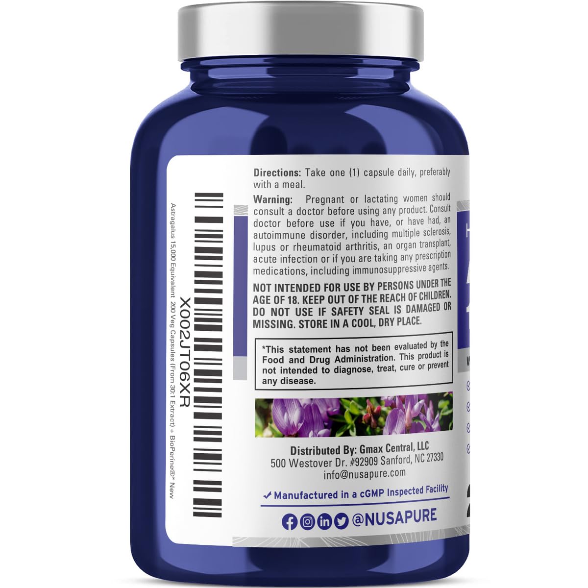 Foto 4 pulgar | Suplemento Nusapure Astragalus de 15 000 mg 200 Cápsulas Vegetarianas - Venta Internacional