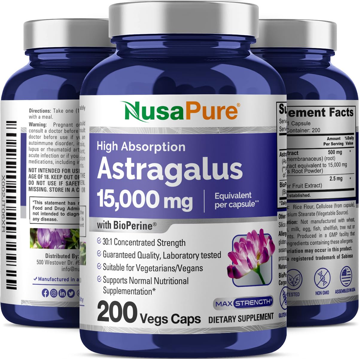 Foto 5 pulgar | Suplemento Nusapure Astragalus de 15 000 mg 200 Cápsulas Vegetarianas - Venta Internacional