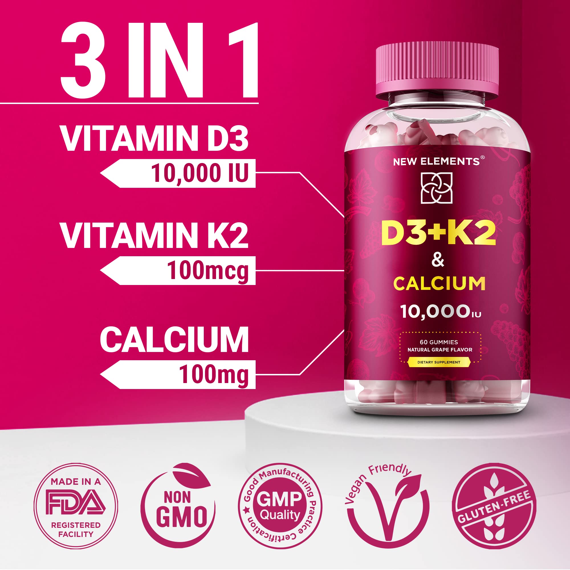 Foto 4 pulgar | Gomitas New Elements de Vitamina D3 K2 y Calcio - Venta Internacional