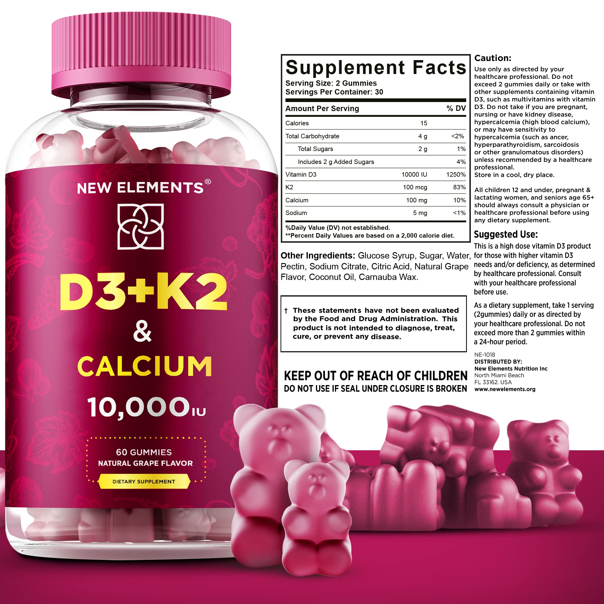 Foto 5 pulgar | Gomitas New Elements de Vitamina D3 K2 y Calcio - Venta Internacional