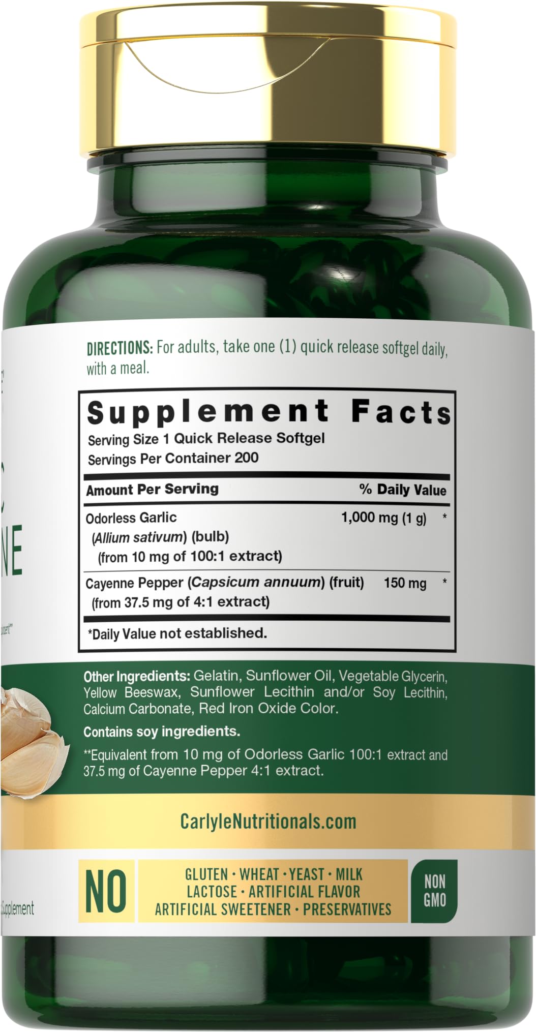 Foto 3 pulgar | Suplemento Carlyle con Ajo y Cayena sin Olor 150 mg 200 Cápsulas Blandas - Venta Internacional